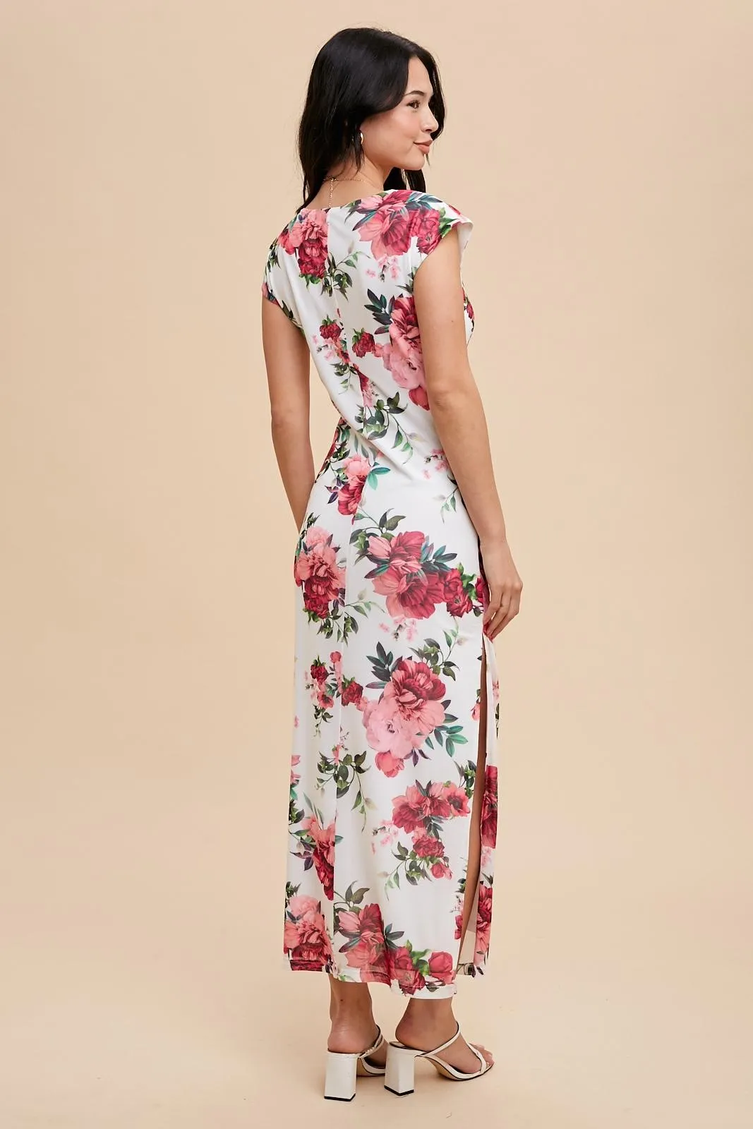 Pink Floral Mesh Ruched Sides Maxi Dress sold by Pinkblush product image thumbnail 4