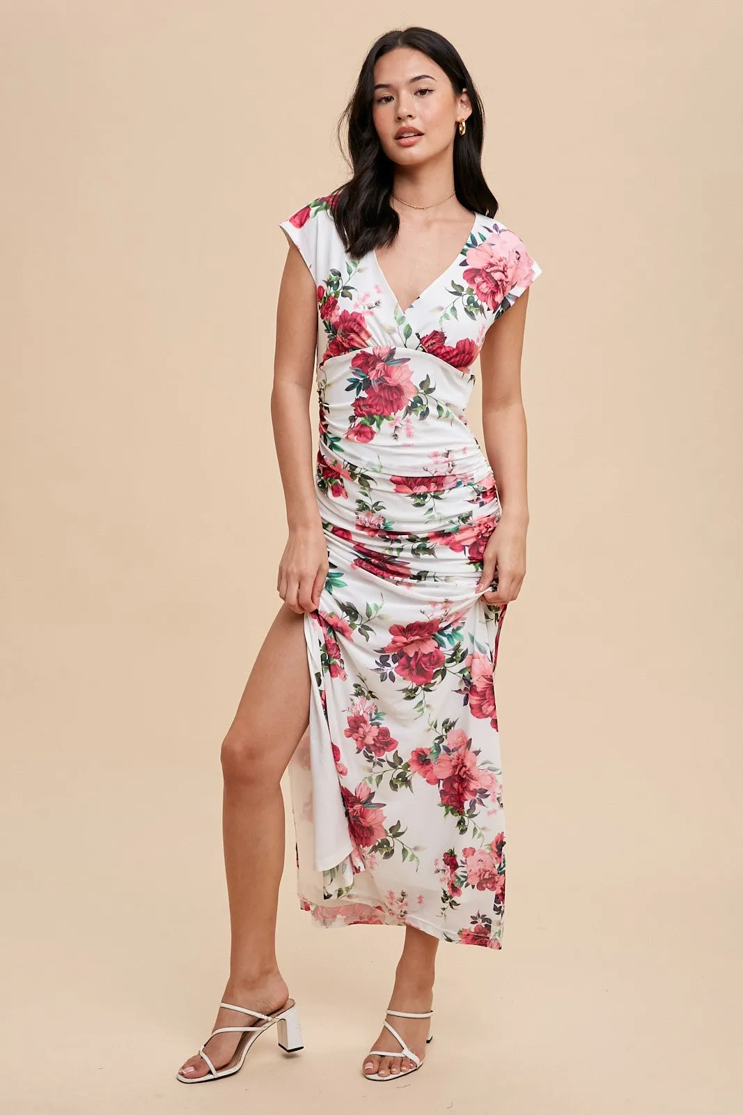 Pink Floral Mesh Ruched Sides Maxi Dress sold by Pinkblush