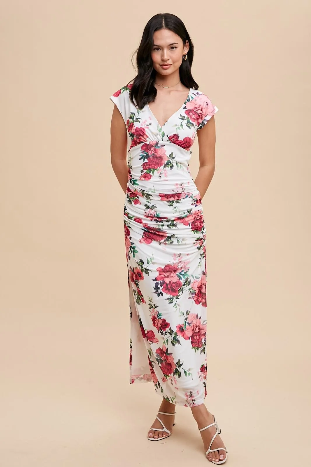 Pink Floral Mesh Ruched Sides Maxi Dress sold by Pinkblush product image thumbnail 2