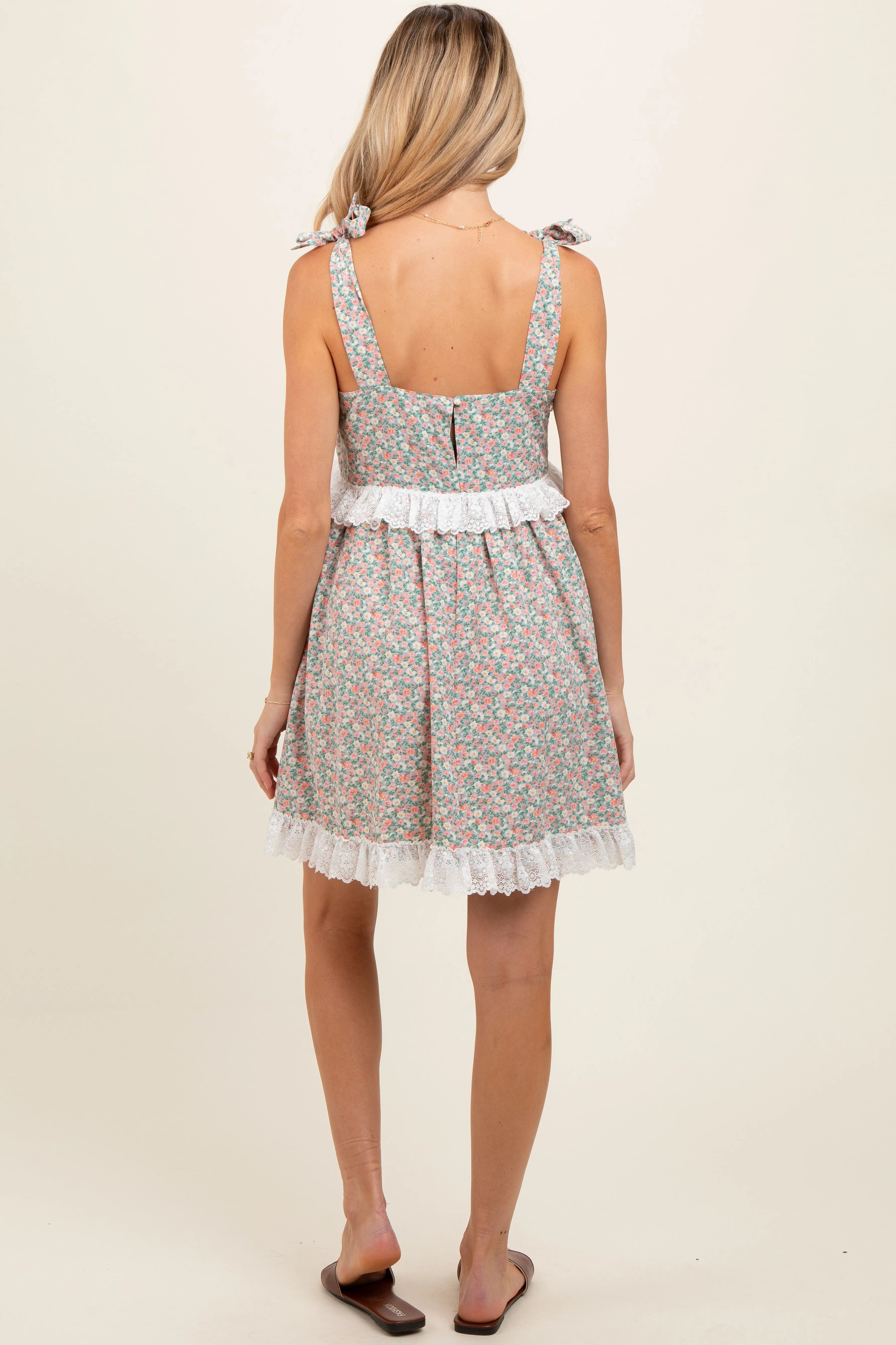 Light Olive Floral Square Neck Shoulder Tie Lace Trim Maternity Dress sold by Pinkblush product image thumbnail 4