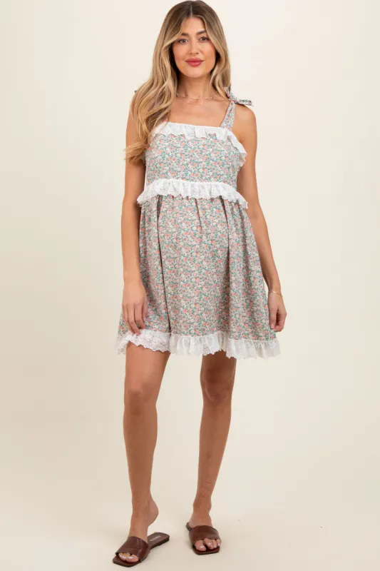 Light Olive Floral Square Neck Shoulder Tie Lace Trim Maternity Dress sold by Pinkblush
