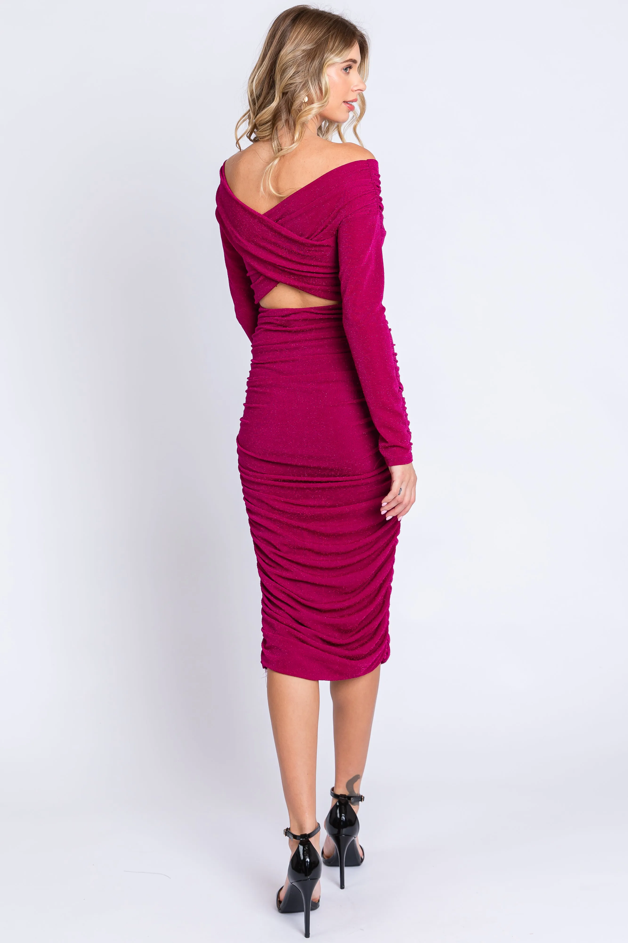 Magenta Off Shoulder Glitter Ruched Midi Dress sold by Pinkblush product image thumbnail 3