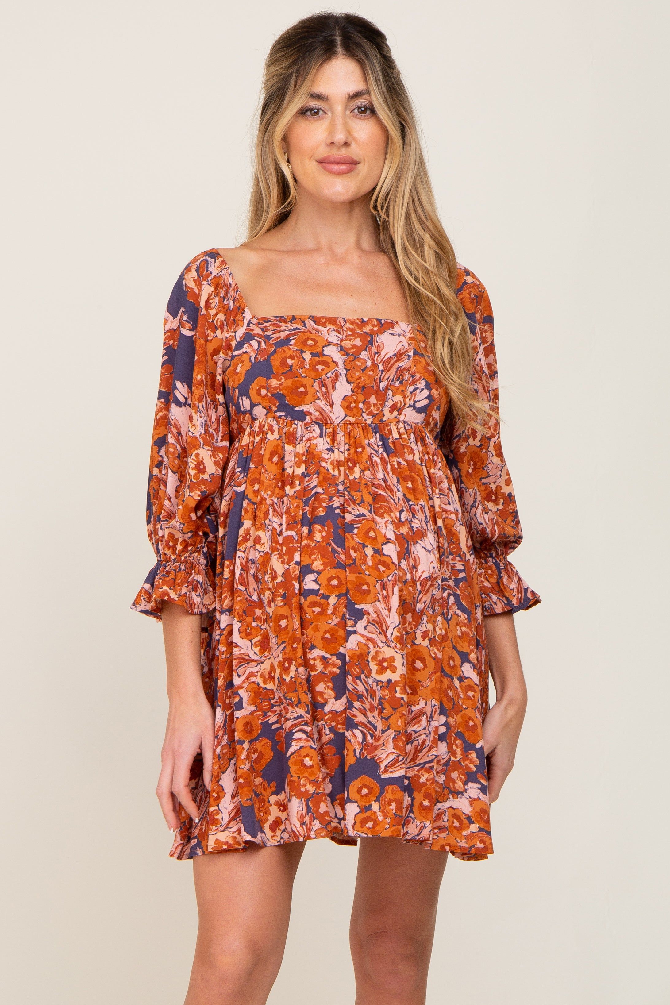 Navy Rust Floral Puff Sleeve Maternity Mini Dress sold by Pinkblush