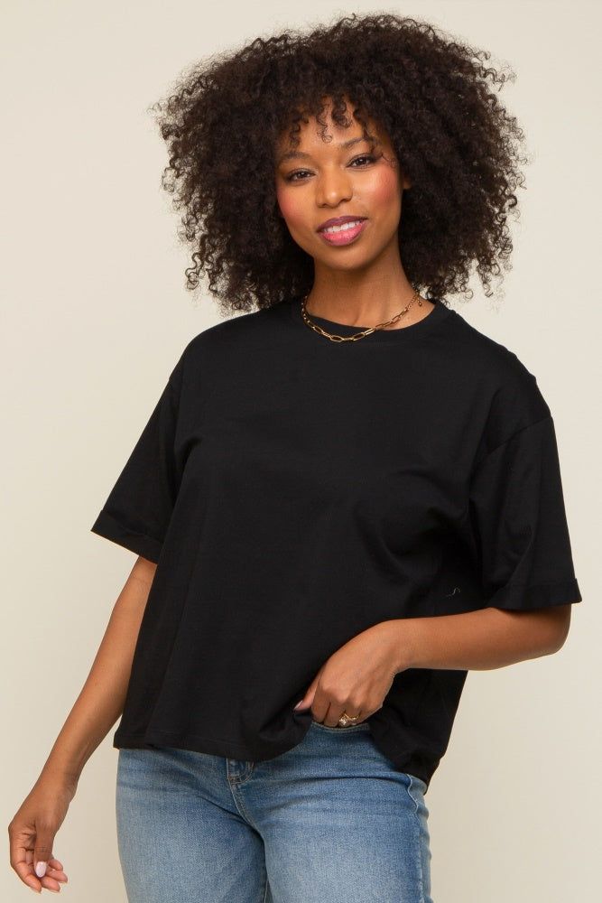 Black Basic Rolled Short Sleeve T-Shirt sold by Pinkblush
