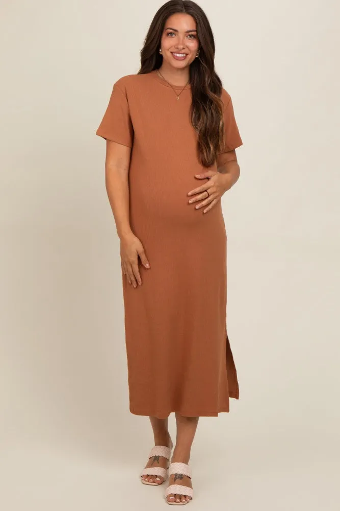 Camel Short Sleeve Side Slit Maternity T-Shirt Midi Dress sold by Pinkblush product image thumbnail 2