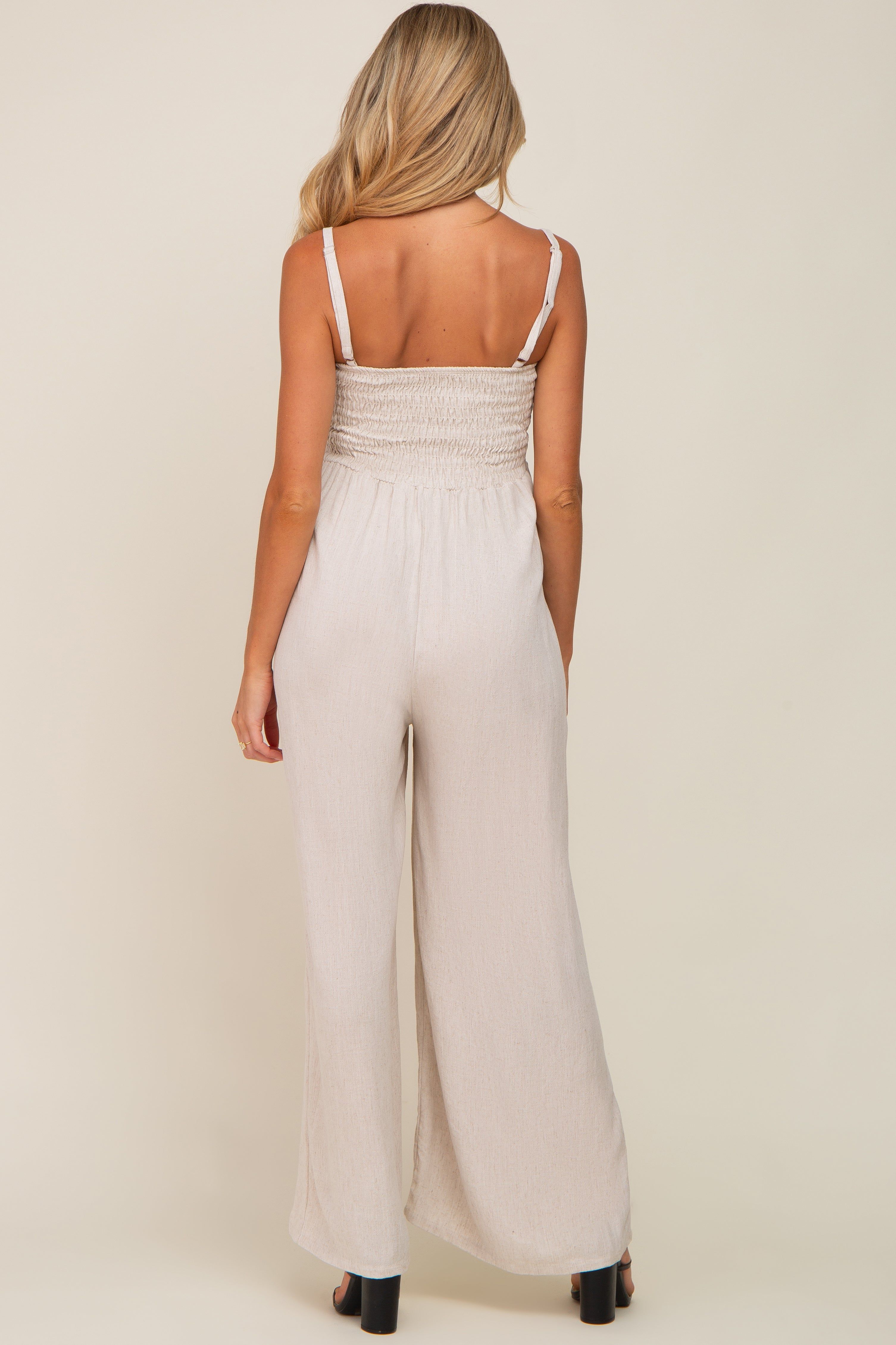 Beige Smocked Linen Wide Leg Maternity Jumpsuit sold by Pinkblush product image thumbnail 4