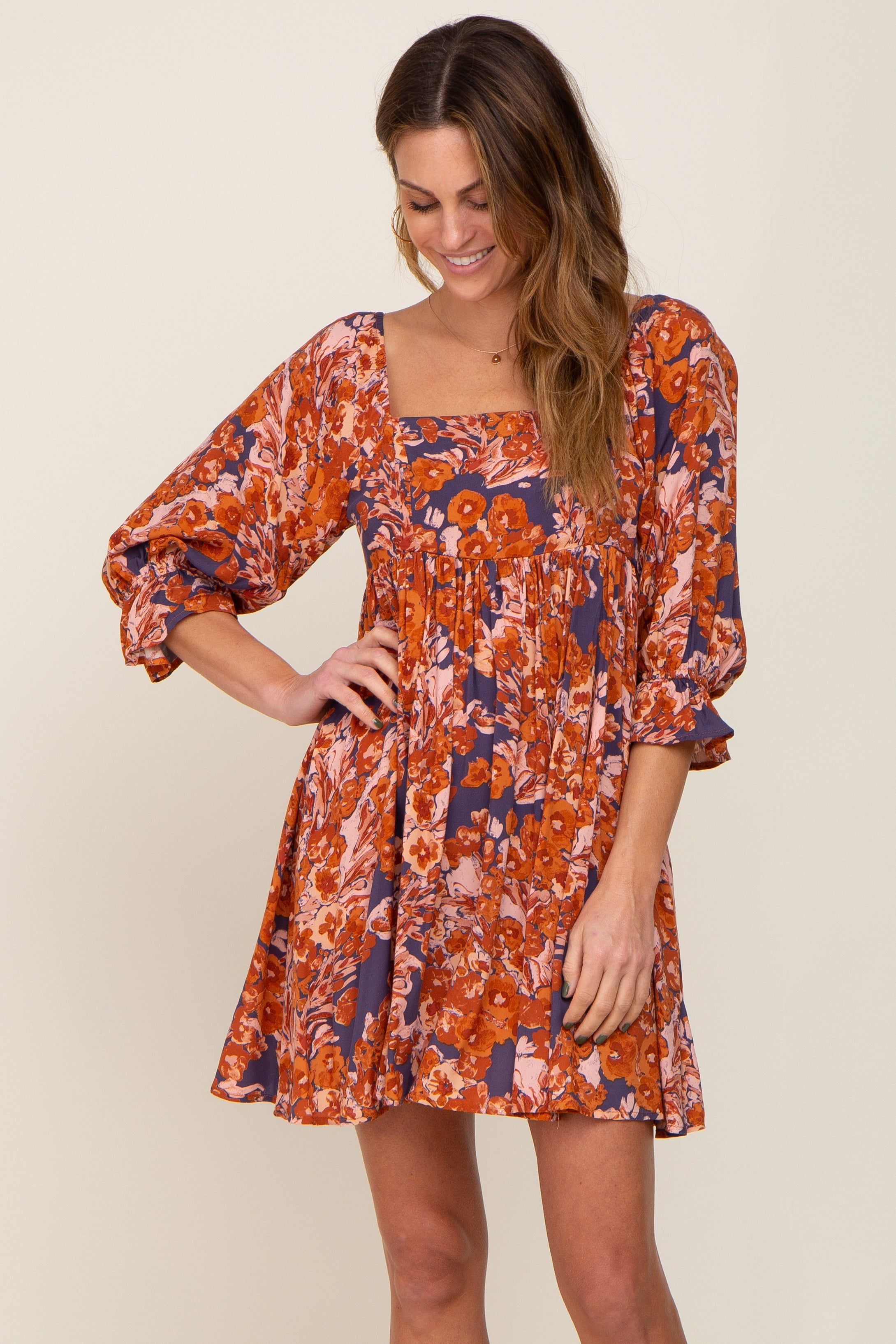 Navy Rust Floral Puff Sleeve Maternity Mini Dress sold by Pinkblush product image thumbnail 5