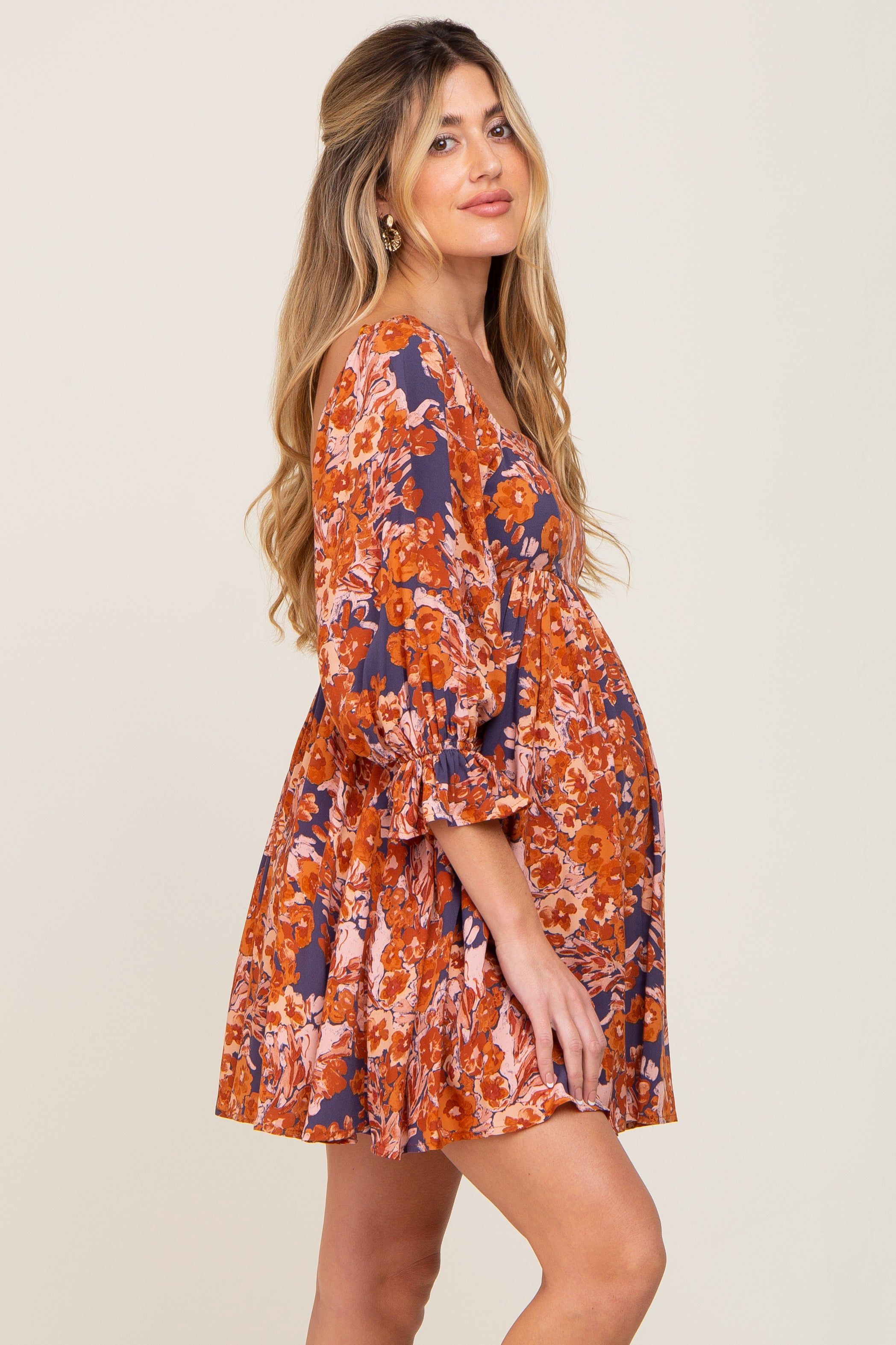Navy Rust Floral Puff Sleeve Maternity Mini Dress sold by Pinkblush product image thumbnail 2