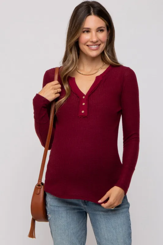 Burgundy Soft Waffle Knit Button Accent Long Sleeve Maternity Top sold by Pinkblush
