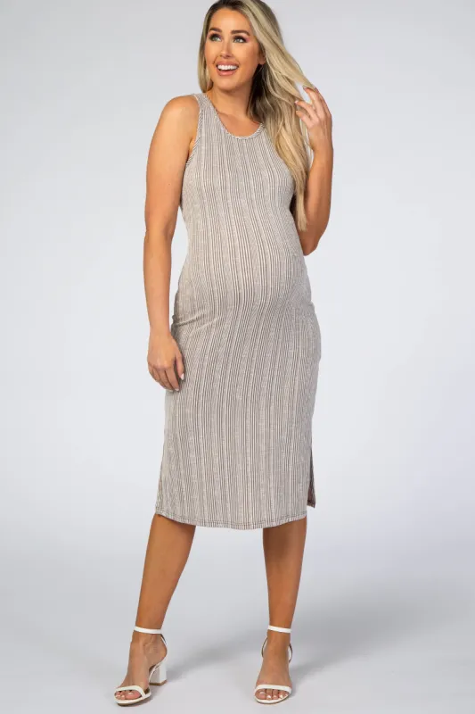 Mocha White Striped Fitted Maternity Midi Dress sold by Pinkblush