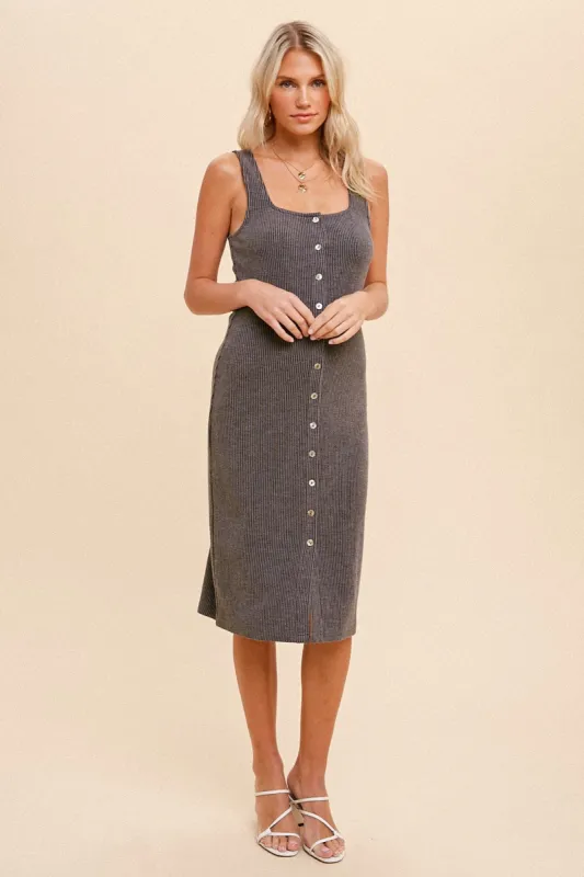 Charcoal Ribbed Button Front Sleeveless Midi Dress sold by Pinkblush