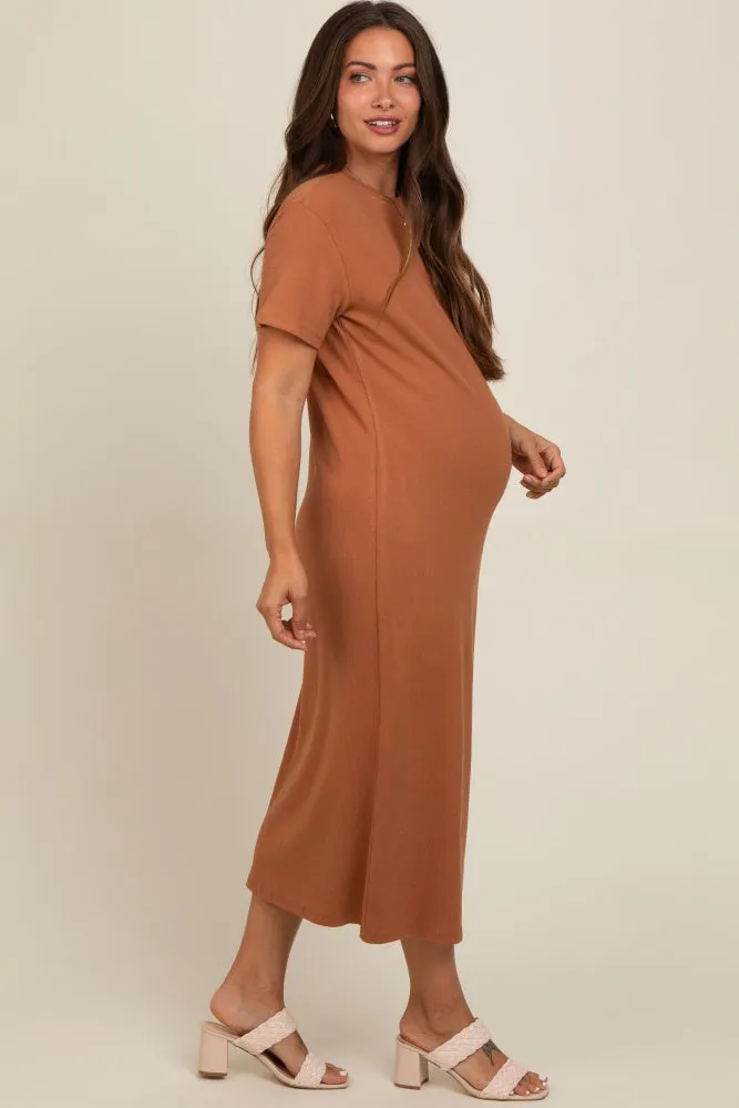 Camel Short Sleeve Side Slit Maternity T-Shirt Midi Dress sold by Pinkblush product image thumbnail 3