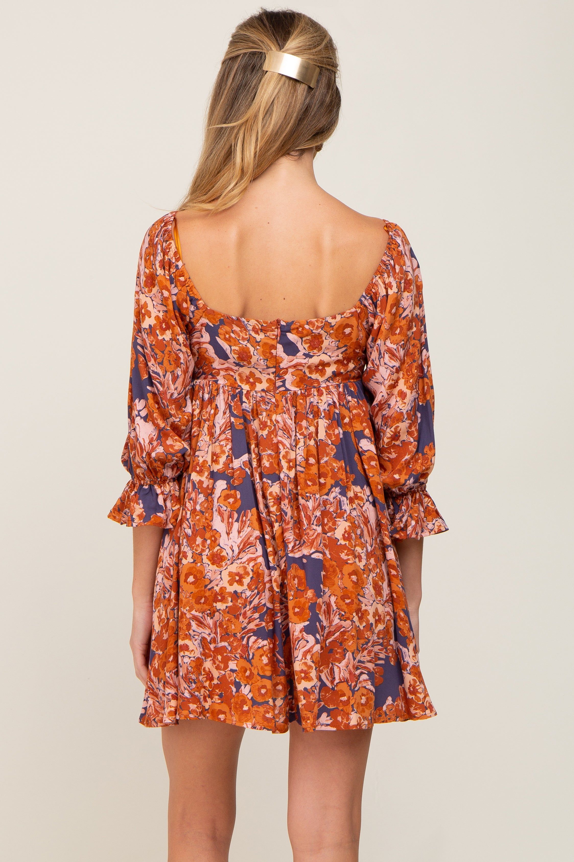 Navy Rust Floral Puff Sleeve Maternity Mini Dress sold by Pinkblush product image thumbnail 3