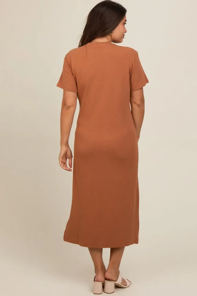 Camel Short Sleeve Side Slit Maternity T-Shirt Midi Dress sold by Pinkblush product image thumbnail 4