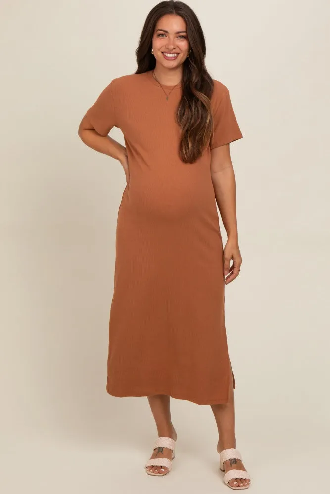 Camel Short Sleeve Side Slit Maternity T-Shirt Midi Dress sold by Pinkblush