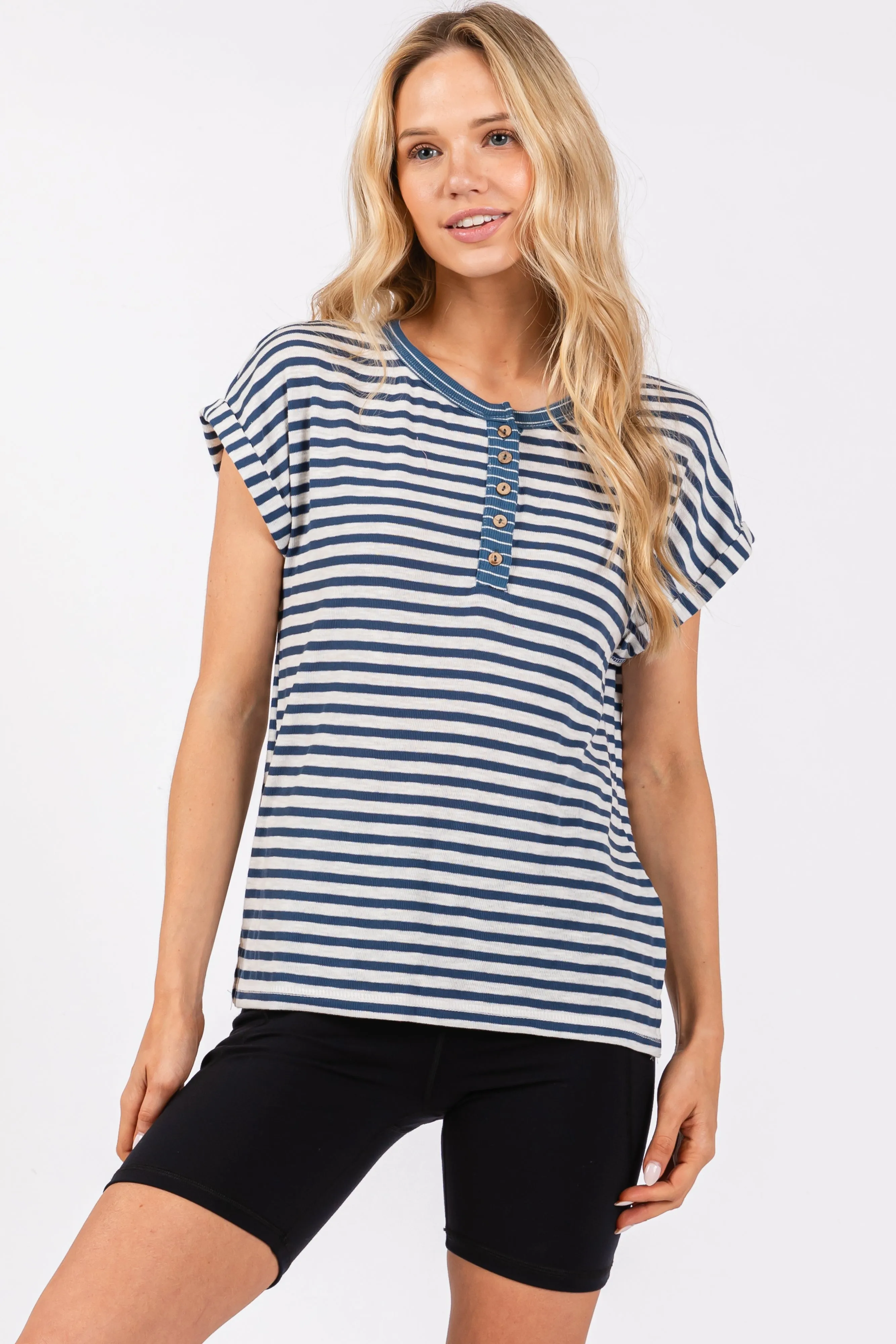 Blue Mixed Stripe Henley Tee sold by Pinkblush