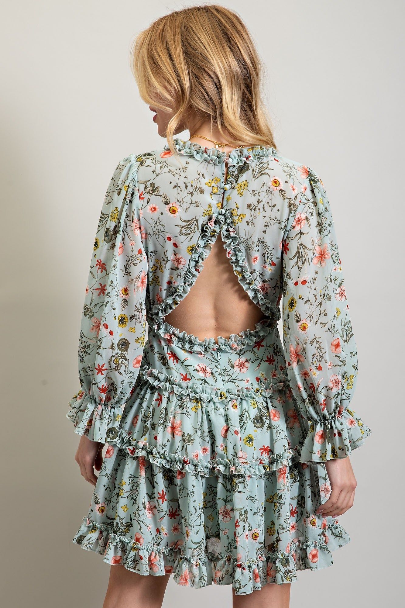 Mint Green Floral Cutout Back Chiffon Dress sold by Pinkblush product image thumbnail 3