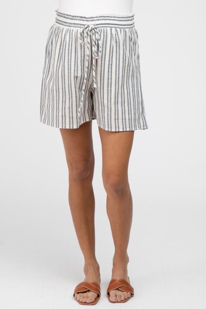 Navy Blue Striped Linen Drawstring Maternity Shorts sold by Pinkblush product image thumbnail 2