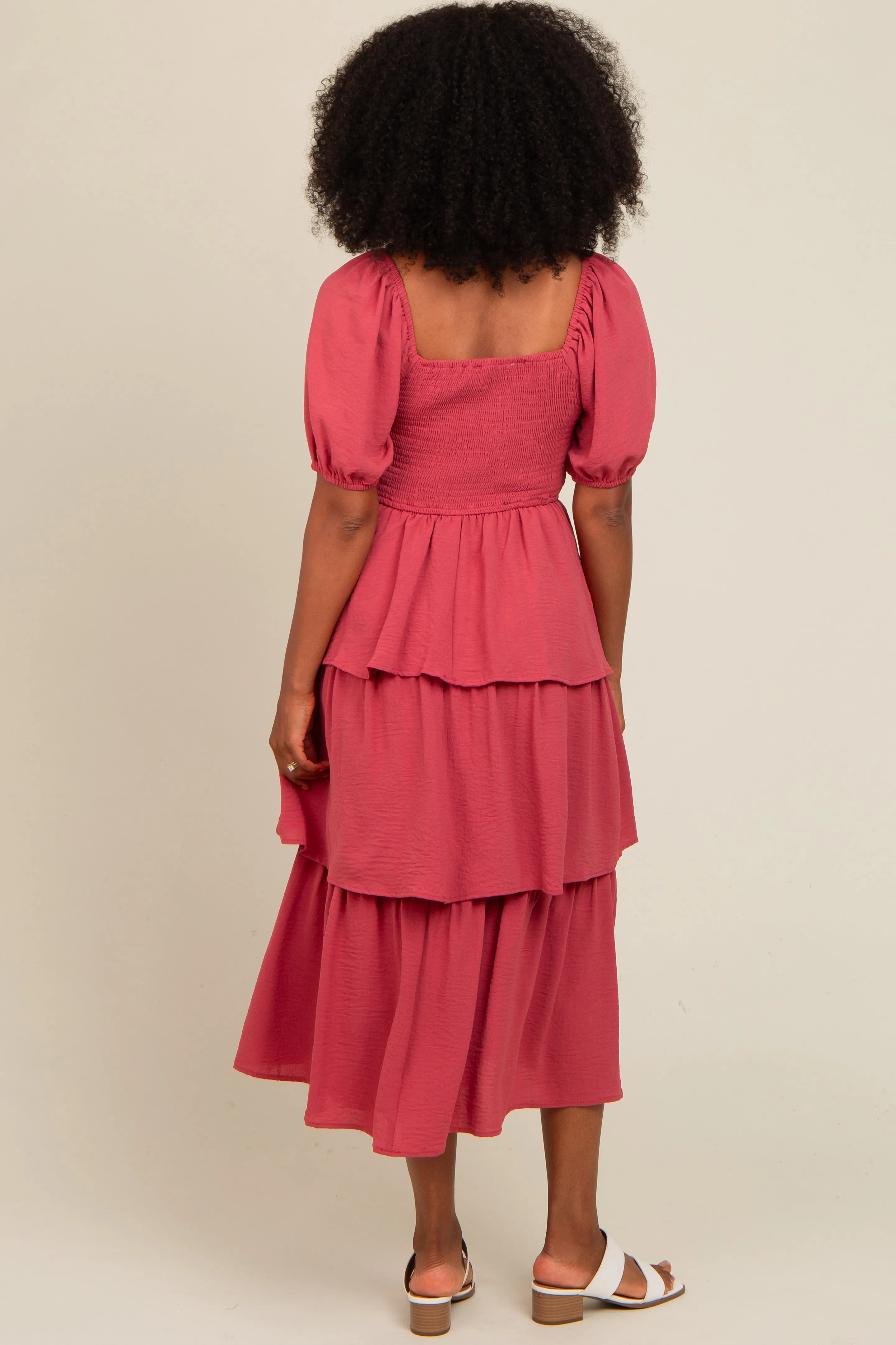 Magenta Smocked Body Ruffled Tiered Midi Dress sold by Pinkblush product image thumbnail 4