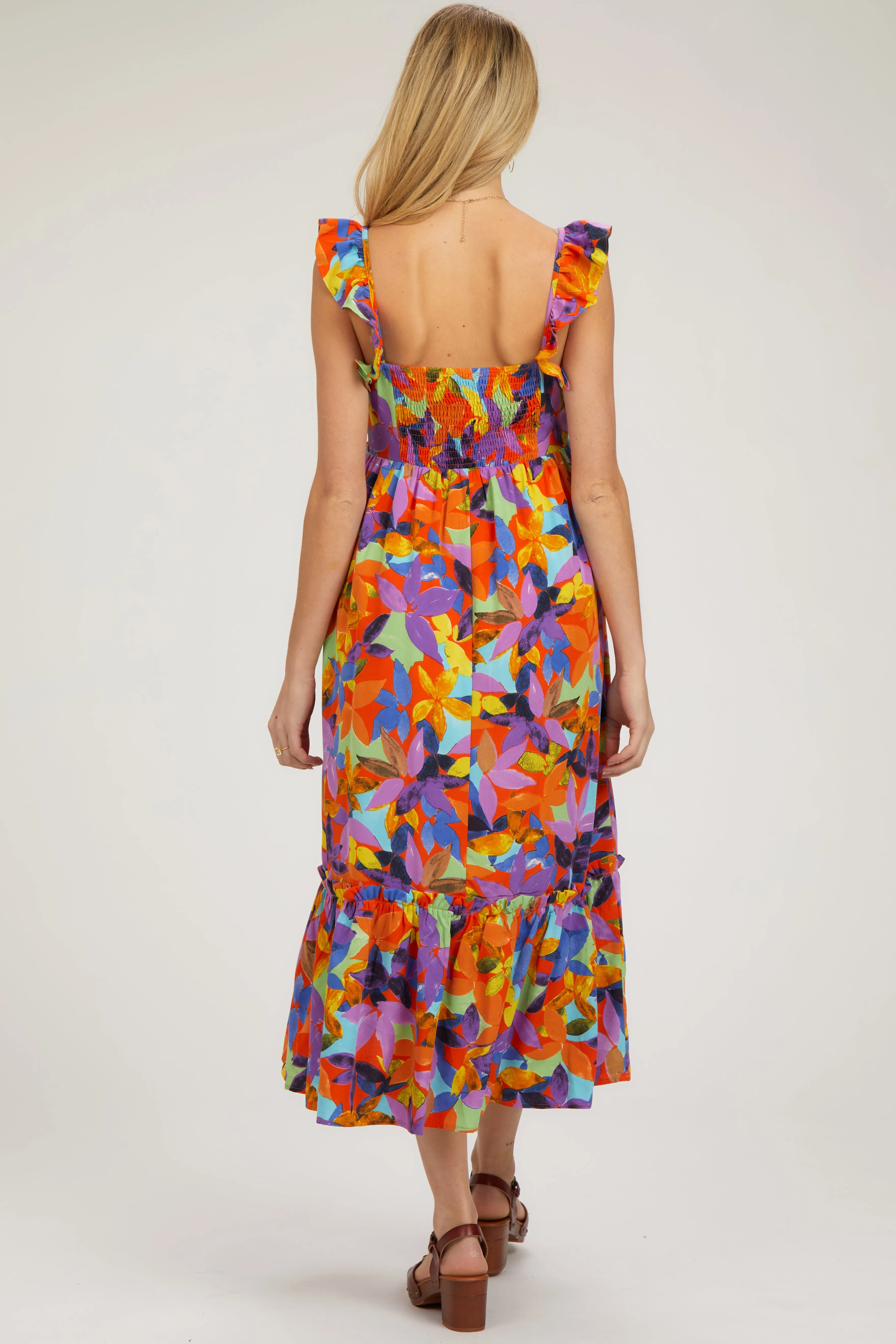 Orange Floral Satin Square Neck Ruffle Strap Maternity Midi Dress sold by Pinkblush product image thumbnail 4