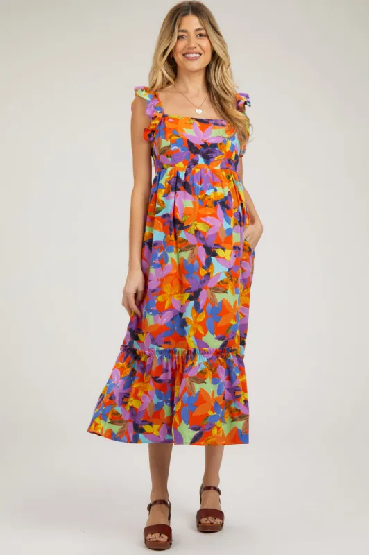 Orange Floral Satin Square Neck Ruffle Strap Maternity Midi Dress sold by Pinkblush