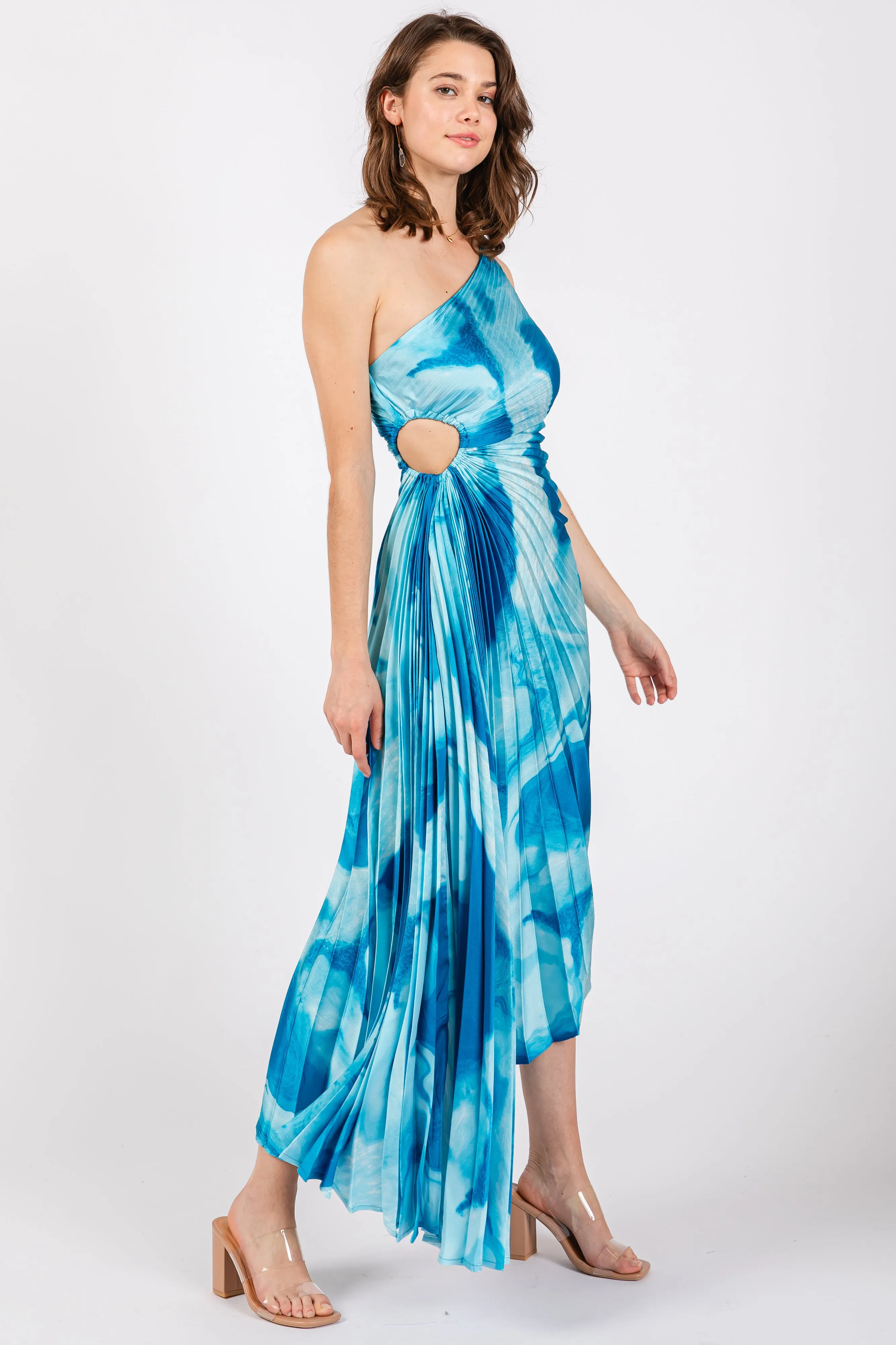 Blue Watercolor Satin Pleated One-Shoulder Asymmetrical Midi Dress sold by Pinkblush product image thumbnail 3
