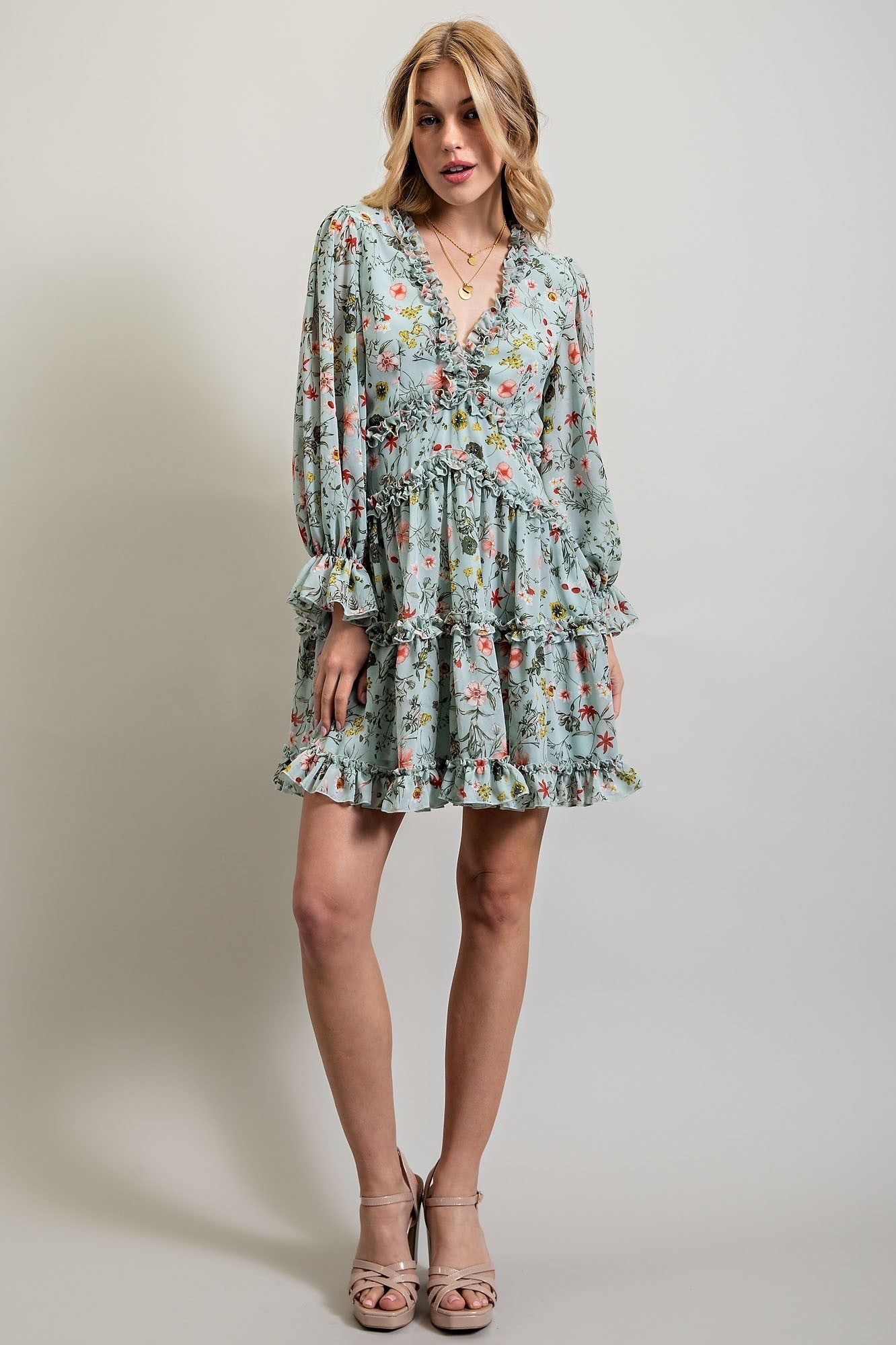 Mint Green Floral Cutout Back Chiffon Dress sold by Pinkblush product image thumbnail 4