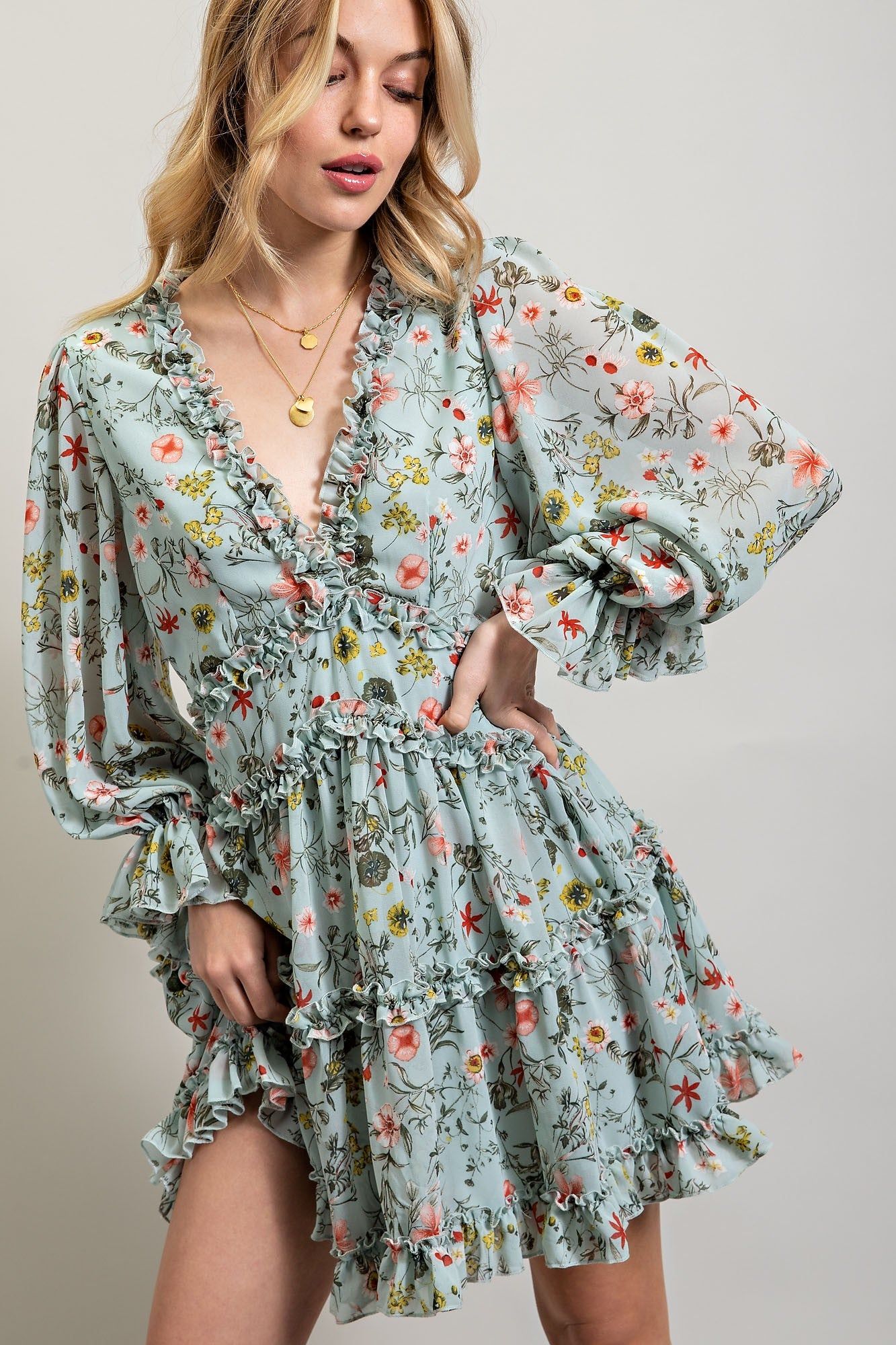 Mint Green Floral Cutout Back Chiffon Dress sold by Pinkblush