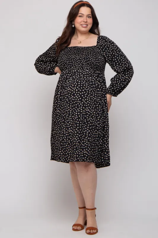 Black Floral Smocked Long Sleeve Maternity Plus Dress sold by Pinkblush