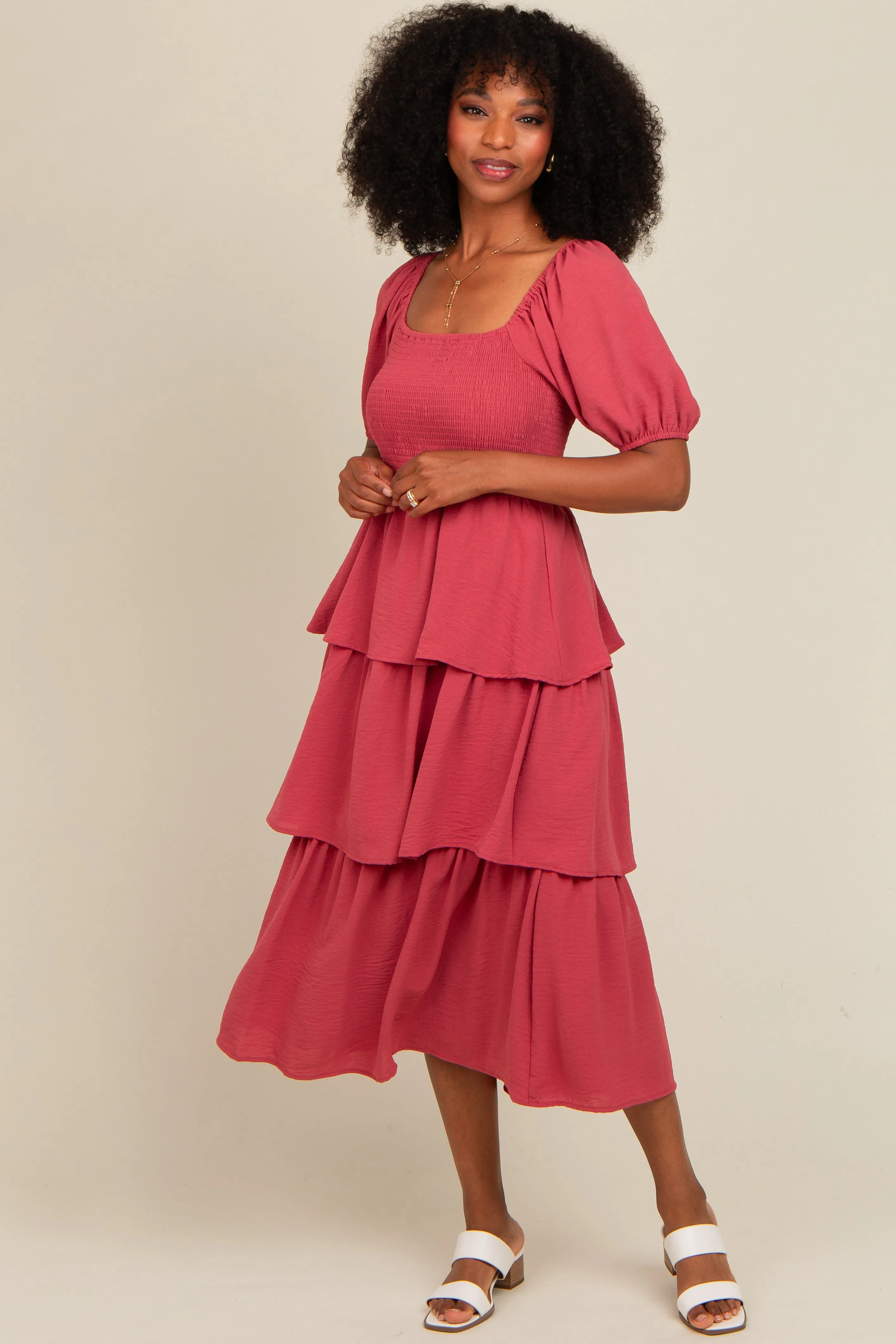 Magenta Smocked Body Ruffled Tiered Midi Dress sold by Pinkblush product image thumbnail 2
