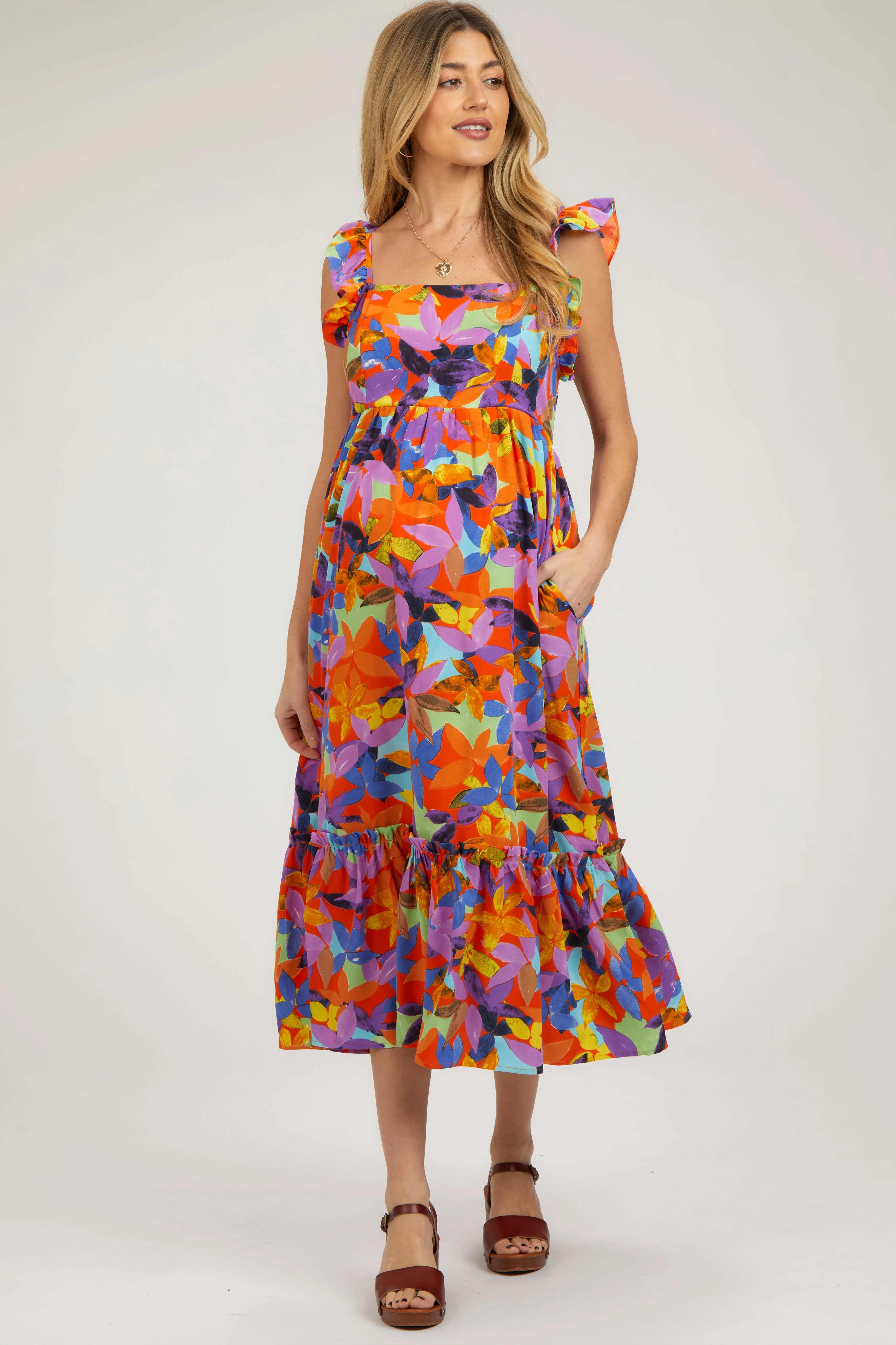 Orange Floral Satin Square Neck Ruffle Strap Maternity Midi Dress sold by Pinkblush product image thumbnail 2