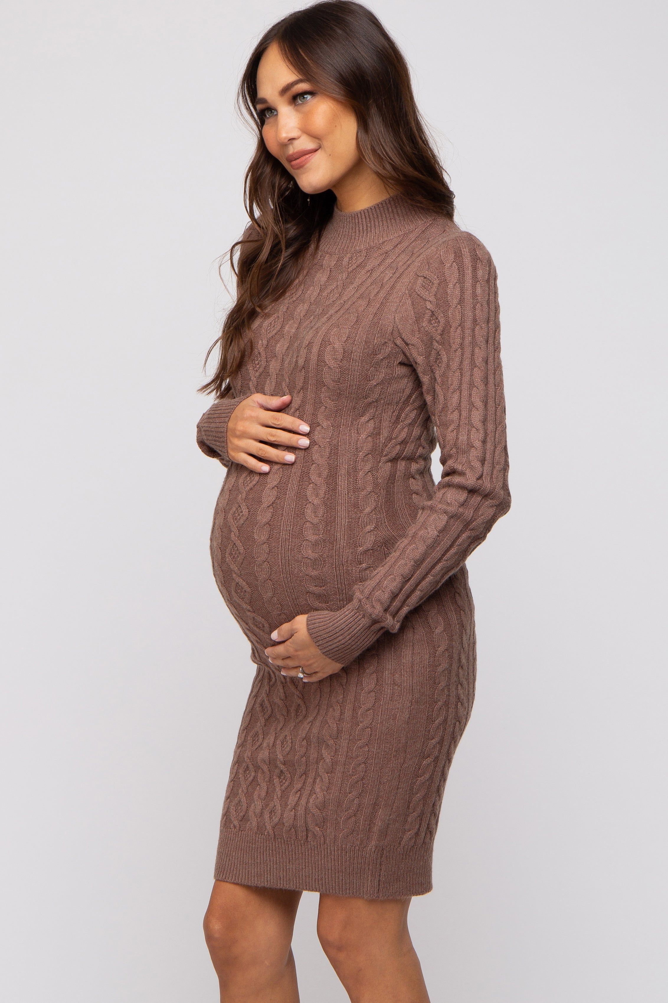 Mocha Cable Knit Mock Neck Long Sleeve Maternity Sweater Dress sold by Pinkblush product image thumbnail 3