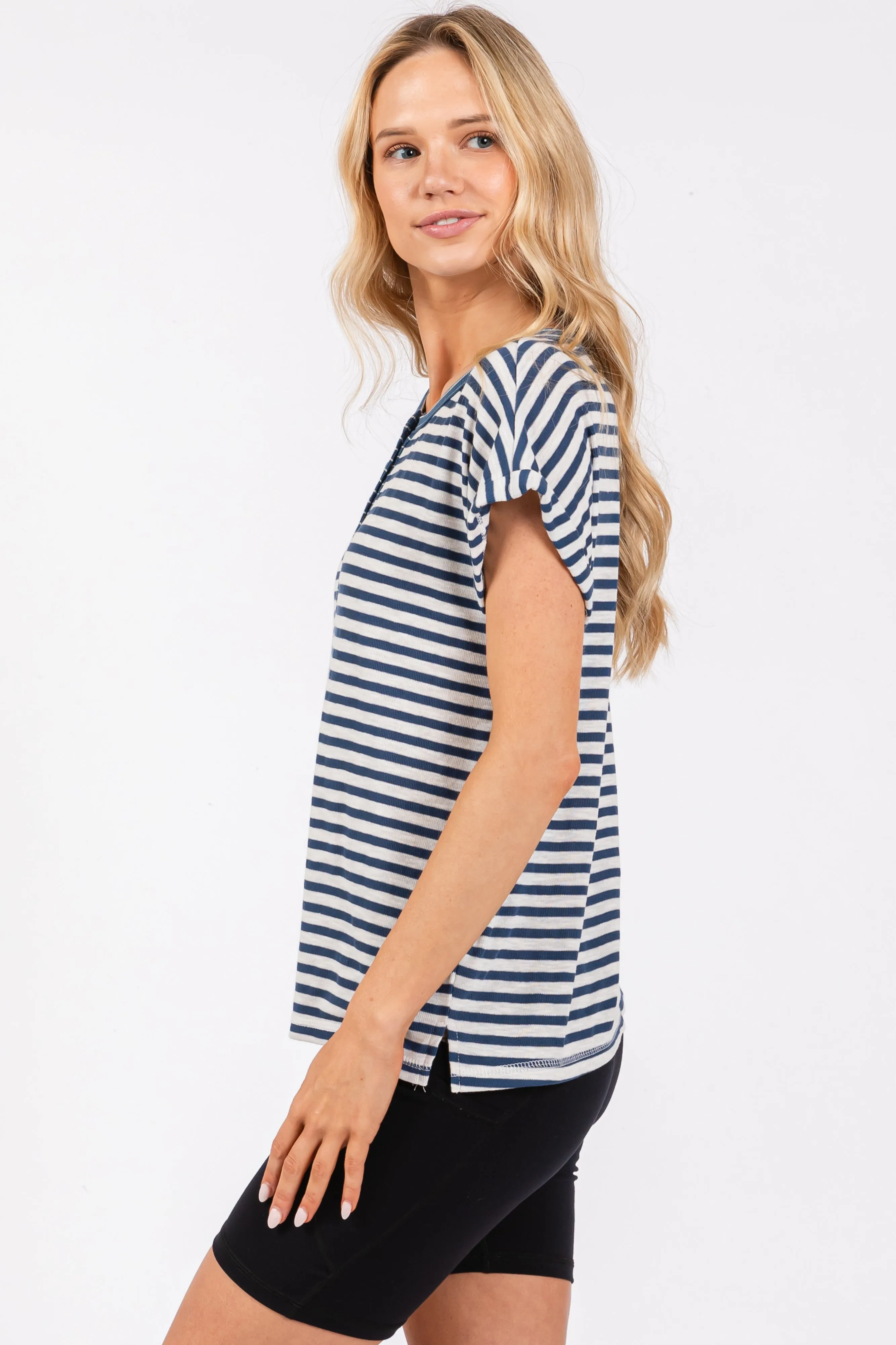 Blue Mixed Stripe Henley Tee sold by Pinkblush product image thumbnail 2