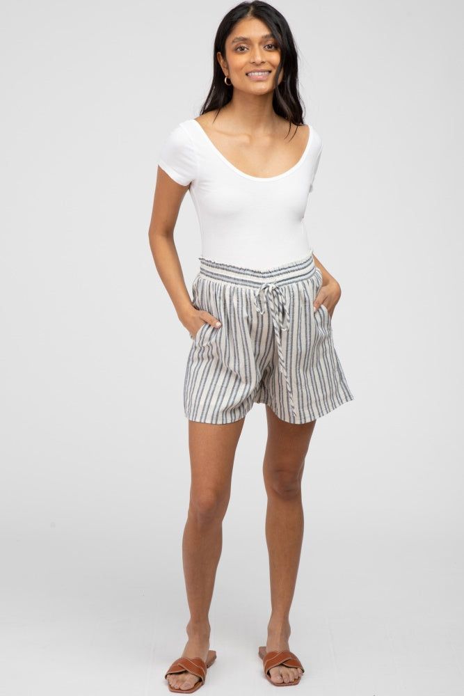 Navy Blue Striped Linen Drawstring Maternity Shorts sold by Pinkblush