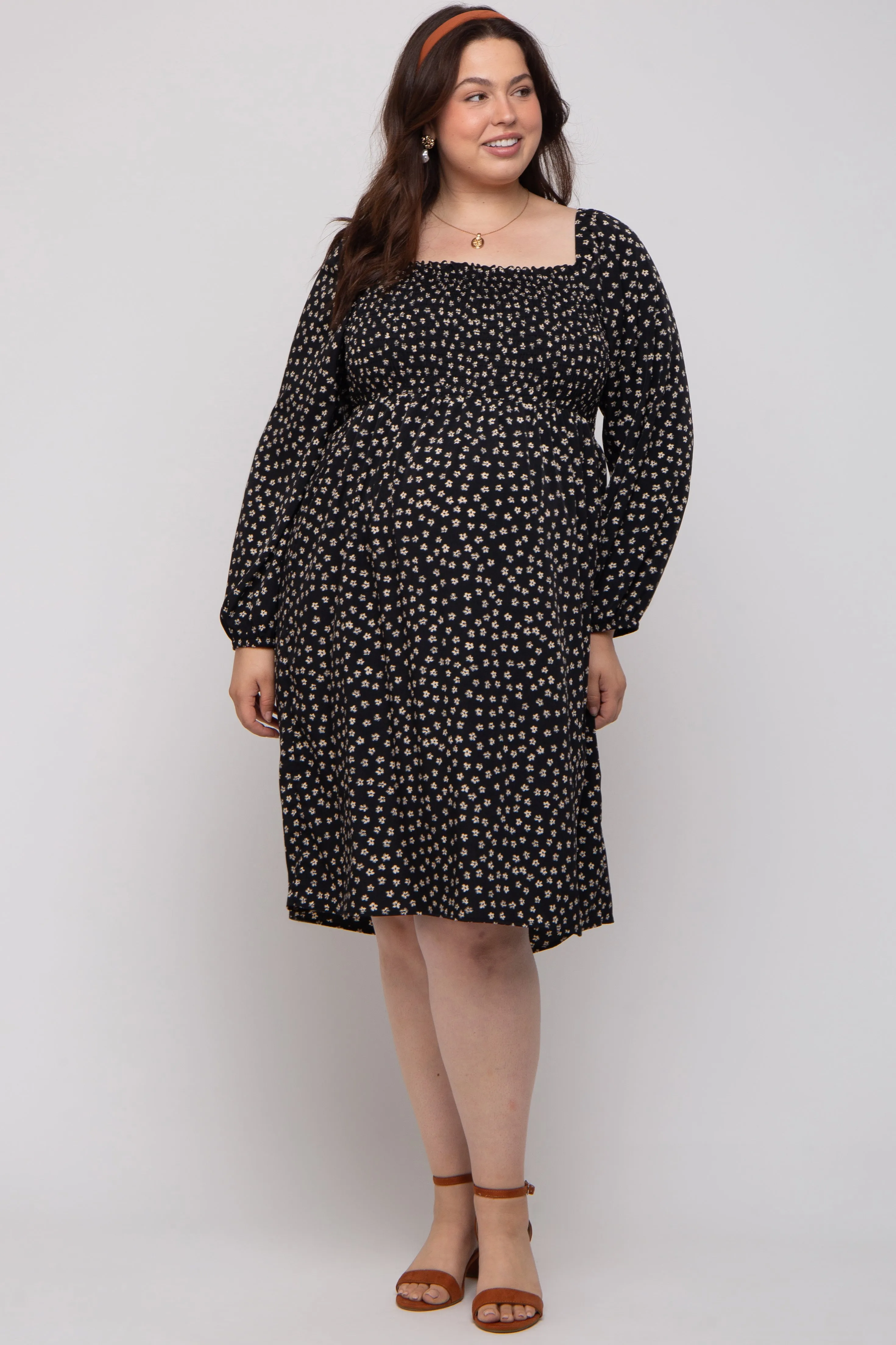 Black Floral Smocked Long Sleeve Maternity Plus Dress sold by Pinkblush product image thumbnail 2