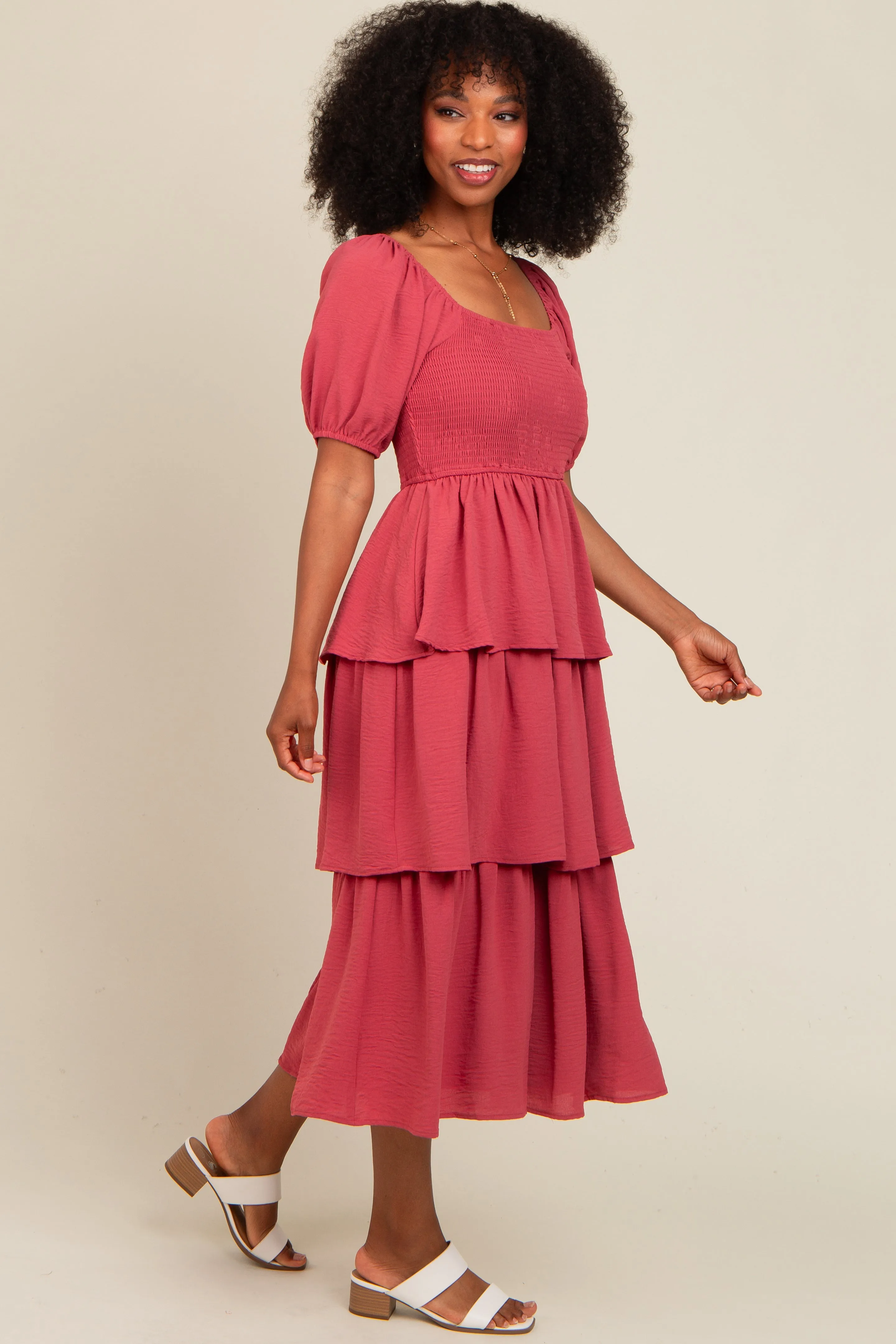 Magenta Smocked Body Ruffled Tiered Midi Dress sold by Pinkblush product image thumbnail 3