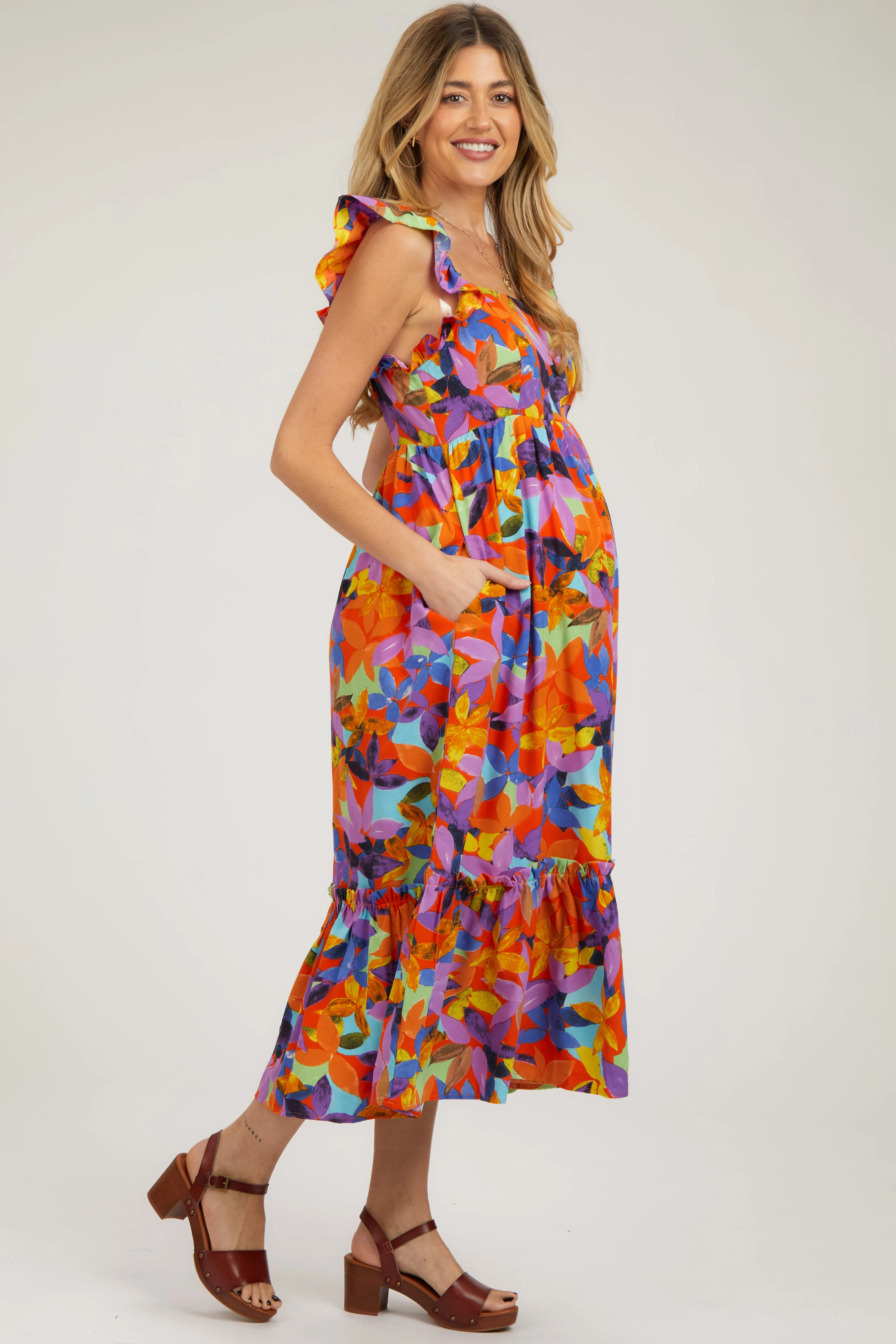 Orange Floral Satin Square Neck Ruffle Strap Maternity Midi Dress sold by Pinkblush product image thumbnail 3