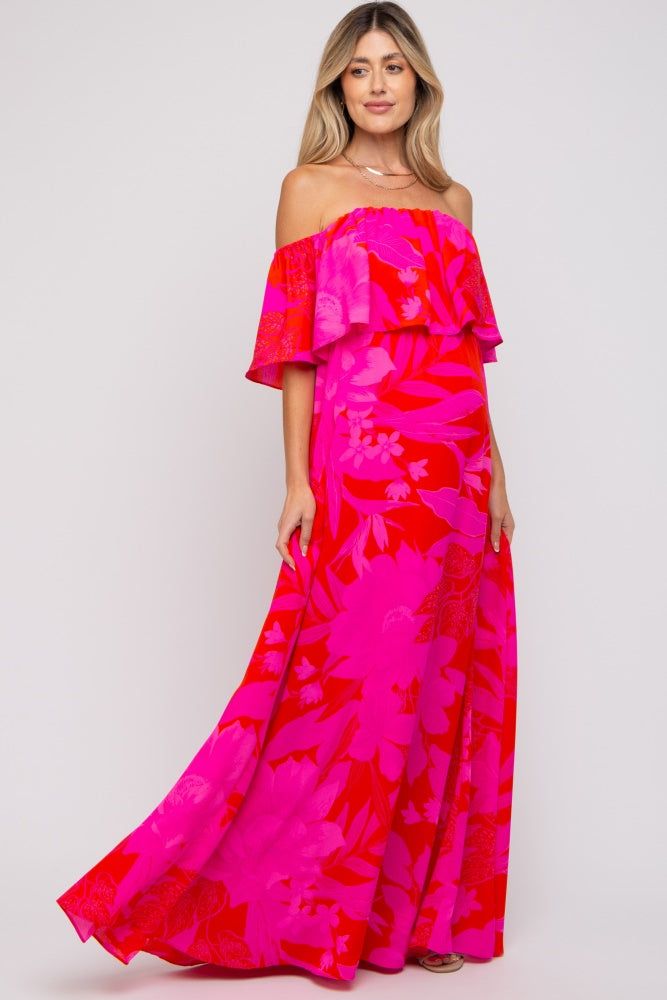Red Floral Ruffle Off Shoulder Maternity Maxi Dress sold by Pinkblush product image thumbnail 5