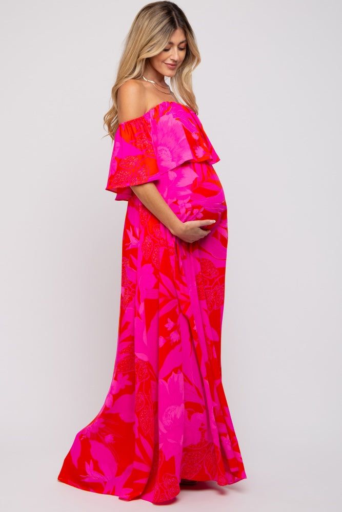 Red Floral Ruffle Off Shoulder Maternity Maxi Dress sold by Pinkblush product image thumbnail 2