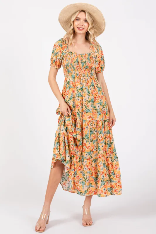 Peach Floral Smocked Tiered Midi Dress sold by Pinkblush