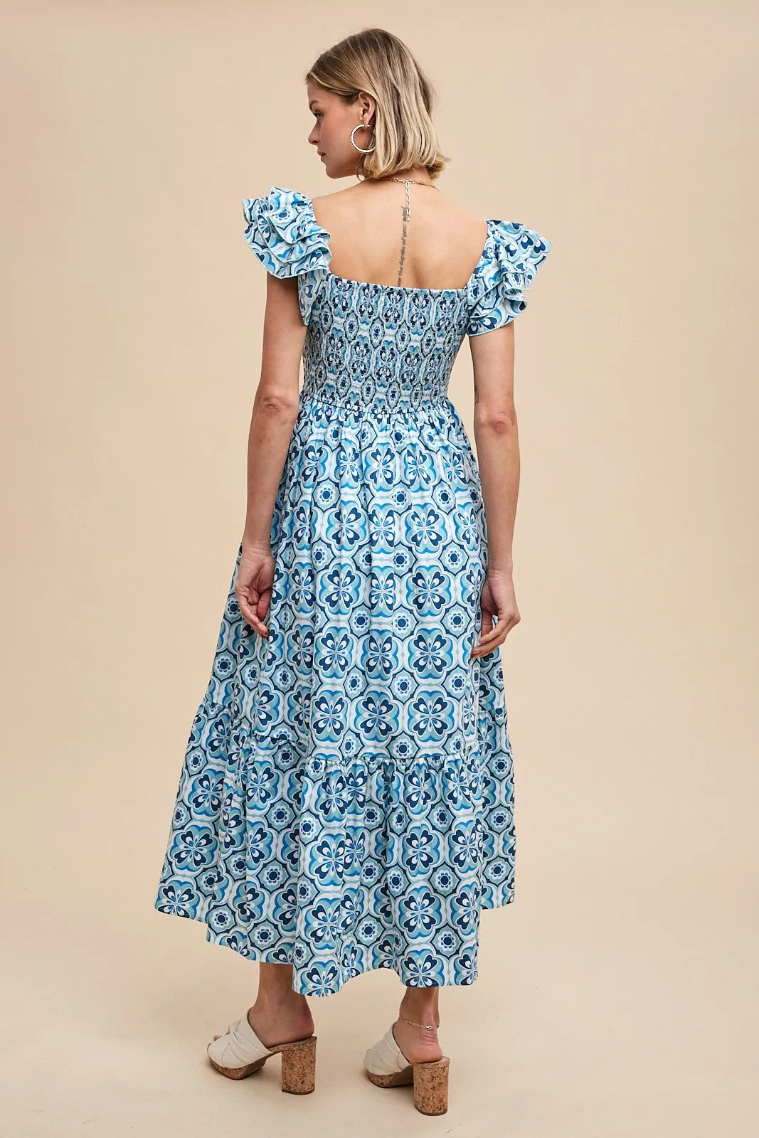 Blue Floral Smocked Flutter Cap Sleeve Maxi Dress sold by Pinkblush product image thumbnail 4
