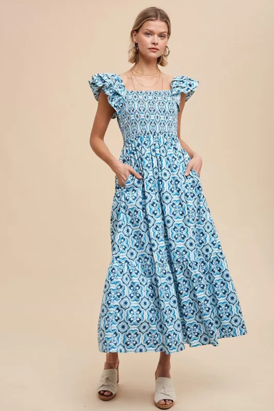 Blue Floral Smocked Flutter Cap Sleeve Maxi Dress sold by Pinkblush
