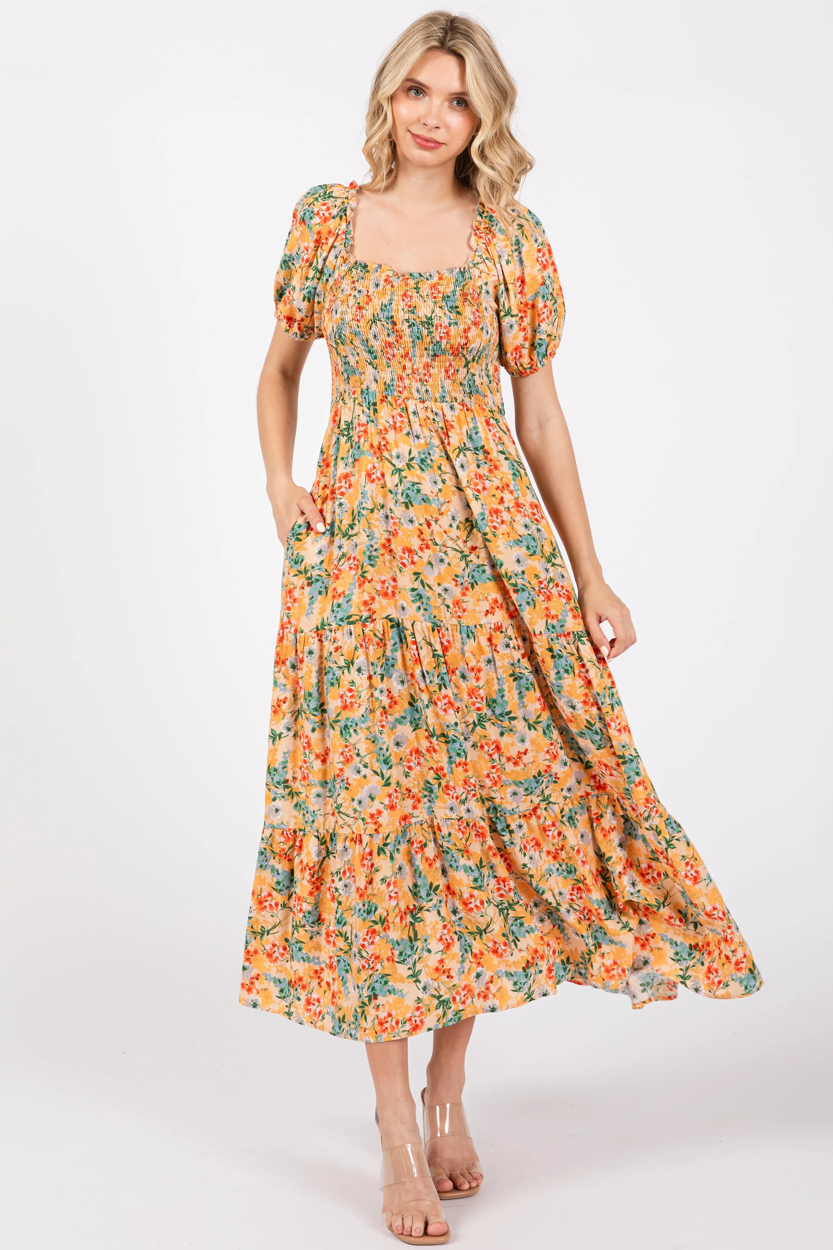 Peach Floral Smocked Tiered Midi Dress sold by Pinkblush product image thumbnail 2