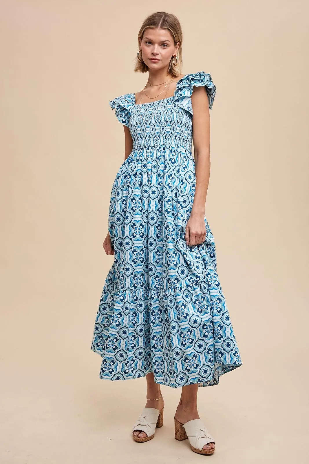 Blue Floral Smocked Flutter Cap Sleeve Maxi Dress sold by Pinkblush product image thumbnail 2