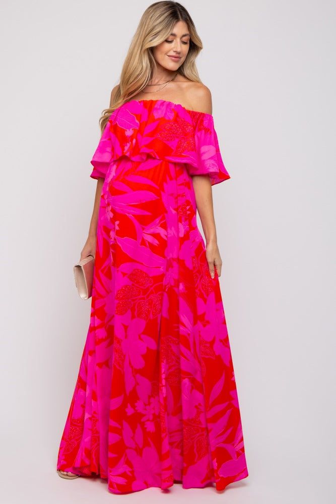 Red Floral Ruffle Off Shoulder Maternity Maxi Dress sold by Pinkblush product image thumbnail 4