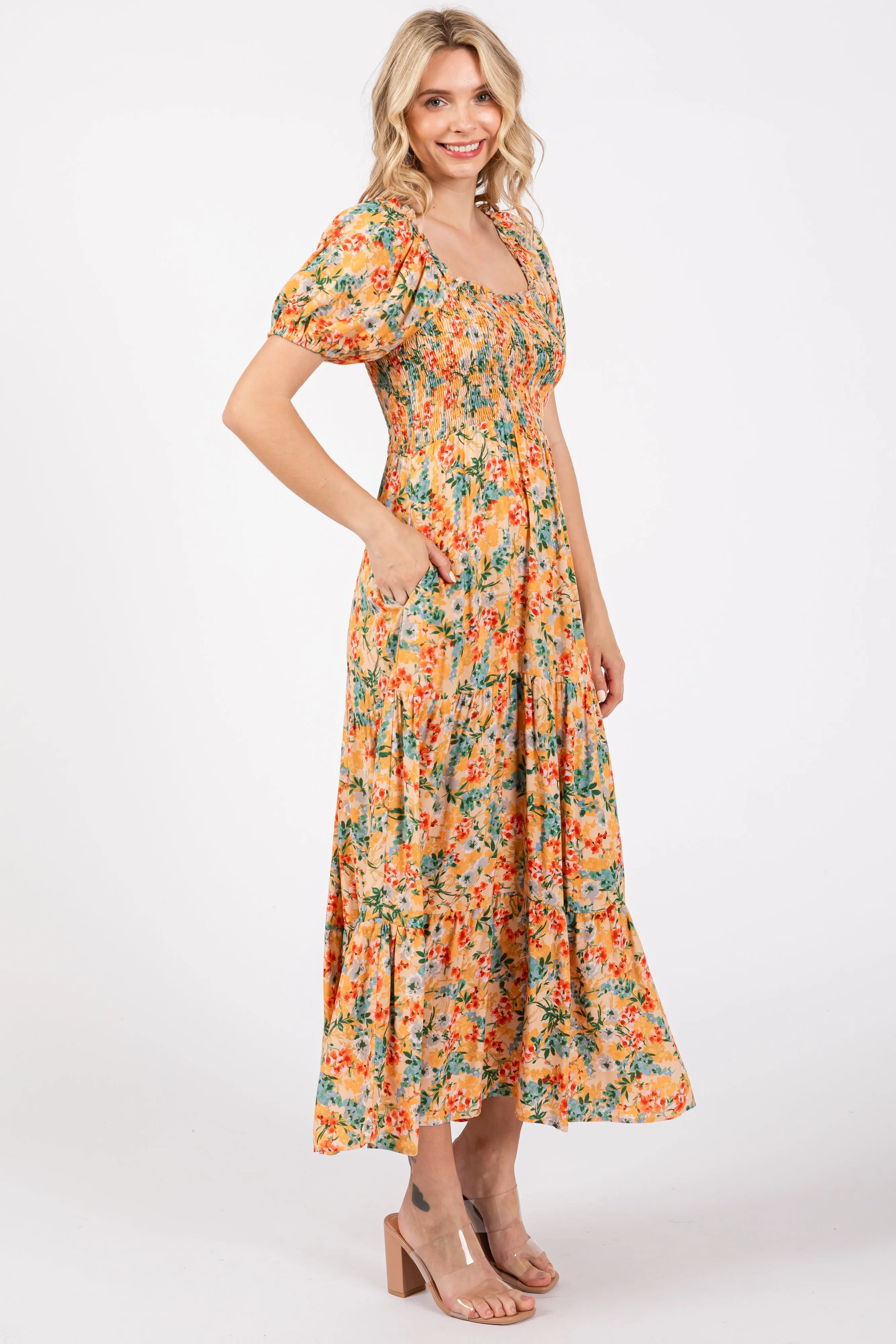 Peach Floral Smocked Tiered Midi Dress sold by Pinkblush product image thumbnail 3