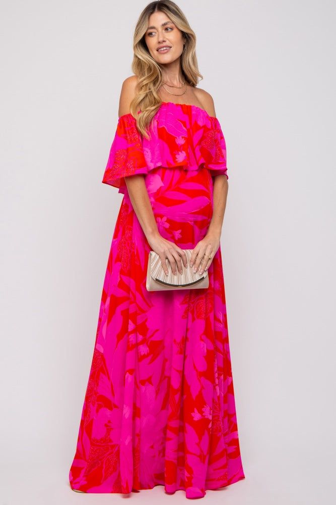 Red Floral Ruffle Off Shoulder Maternity Maxi Dress sold by Pinkblush