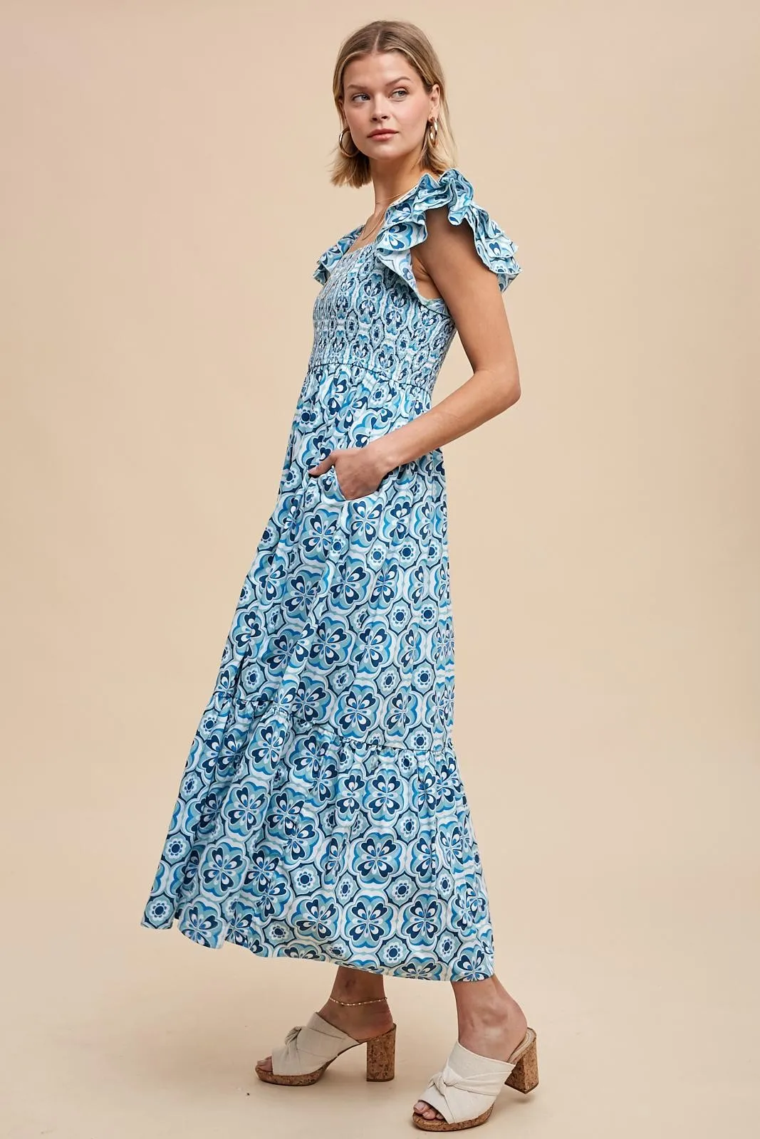 Blue Floral Smocked Flutter Cap Sleeve Maxi Dress sold by Pinkblush product image thumbnail 3