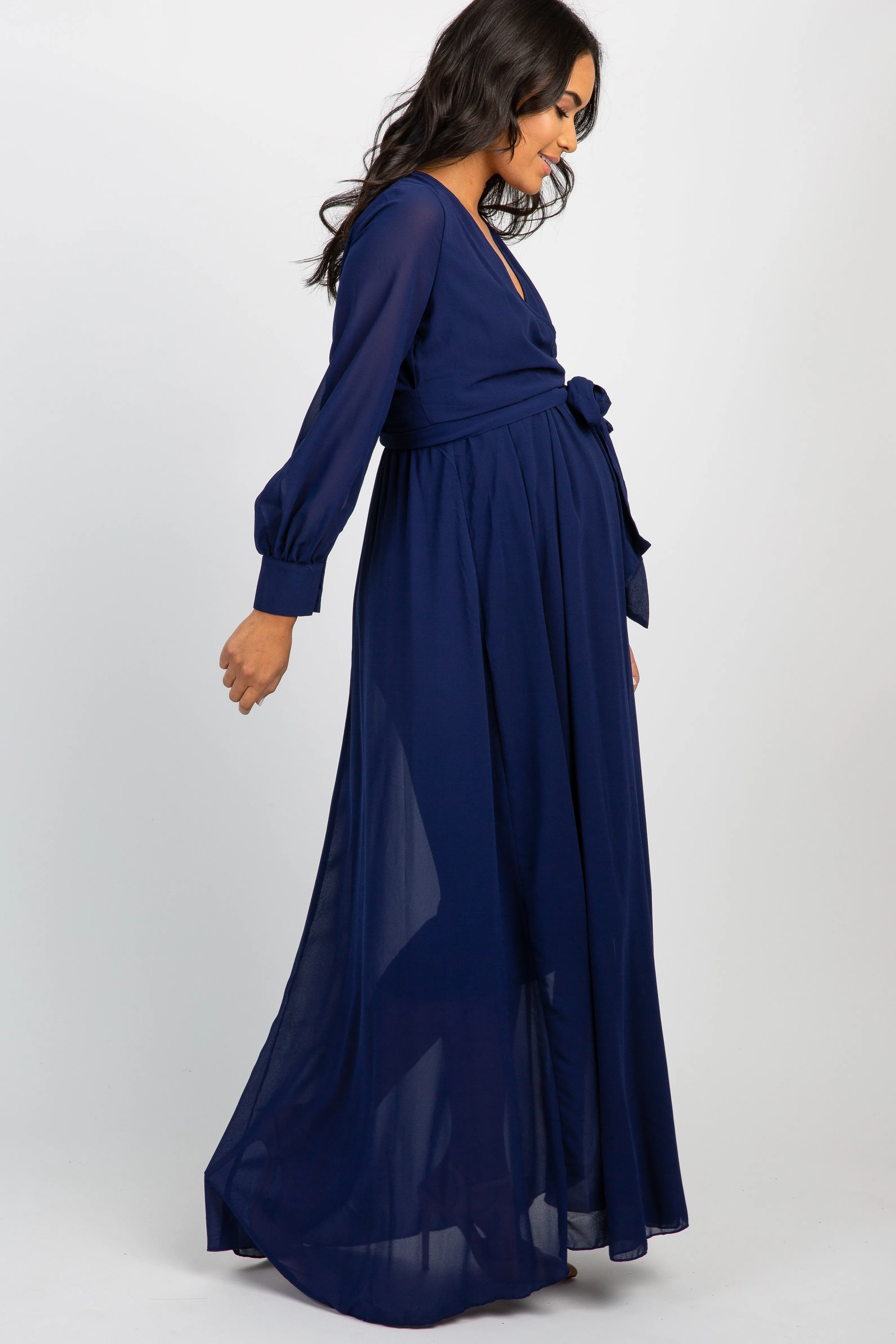 Navy Chiffon Long Sleeve Pleated Maternity Maxi Dress sold by Pinkblush product image thumbnail 2