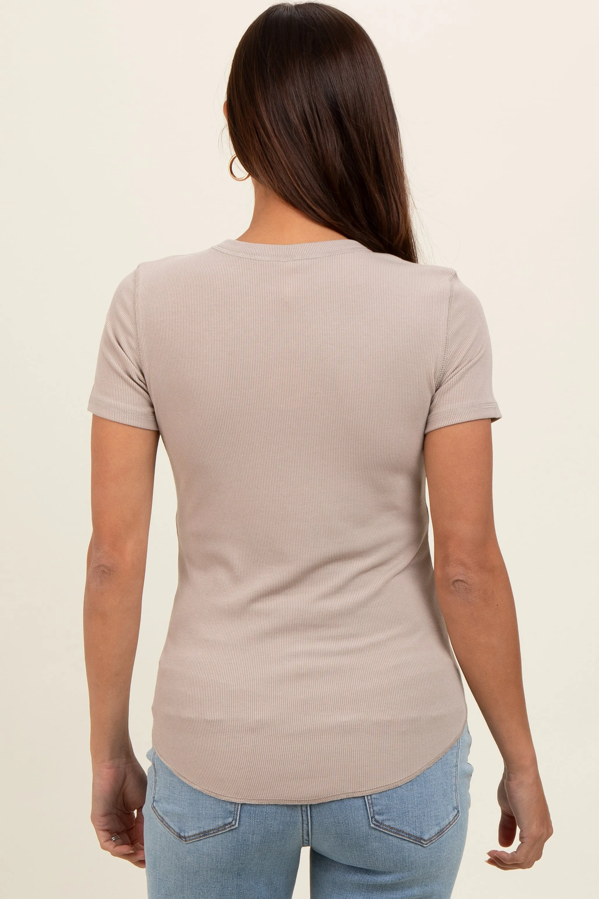 Taupe Ribbed Short Sleeve Curved Hem Maternity Top sold by Pinkblush product image thumbnail 4